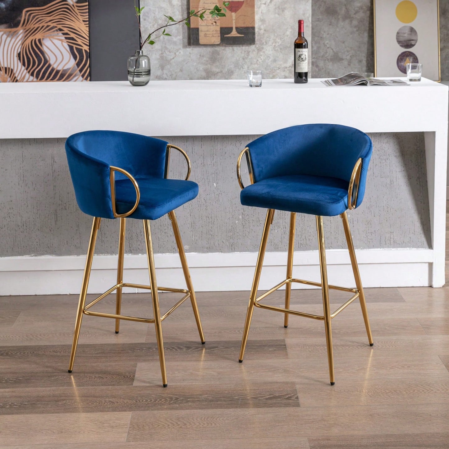 26 Inch Set Of 2 Bar Stools,With Chrome Footrest And Base Velvet + Golden Leg Simple Bar Stool