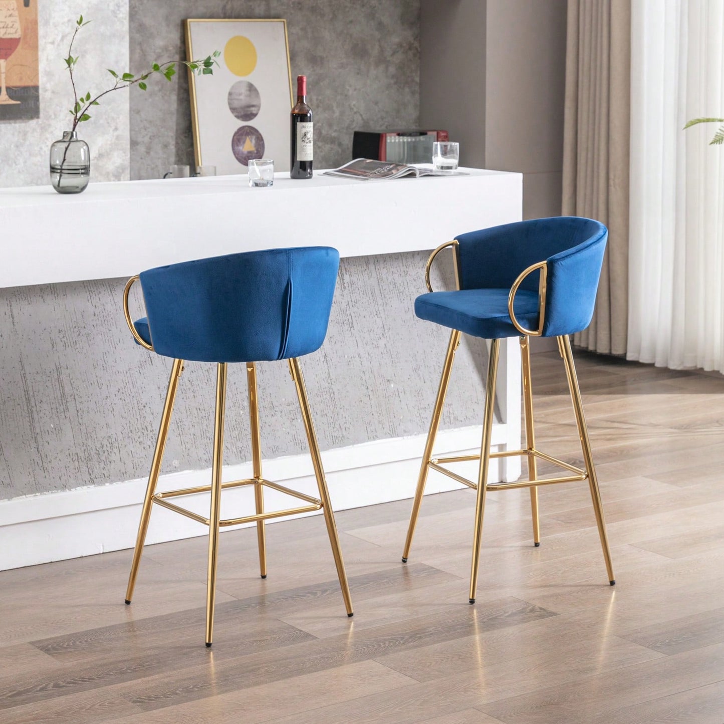 26 Inch Set Of 2 Bar Stools,With Chrome Footrest And Base Velvet + Golden Leg Simple Bar Stool