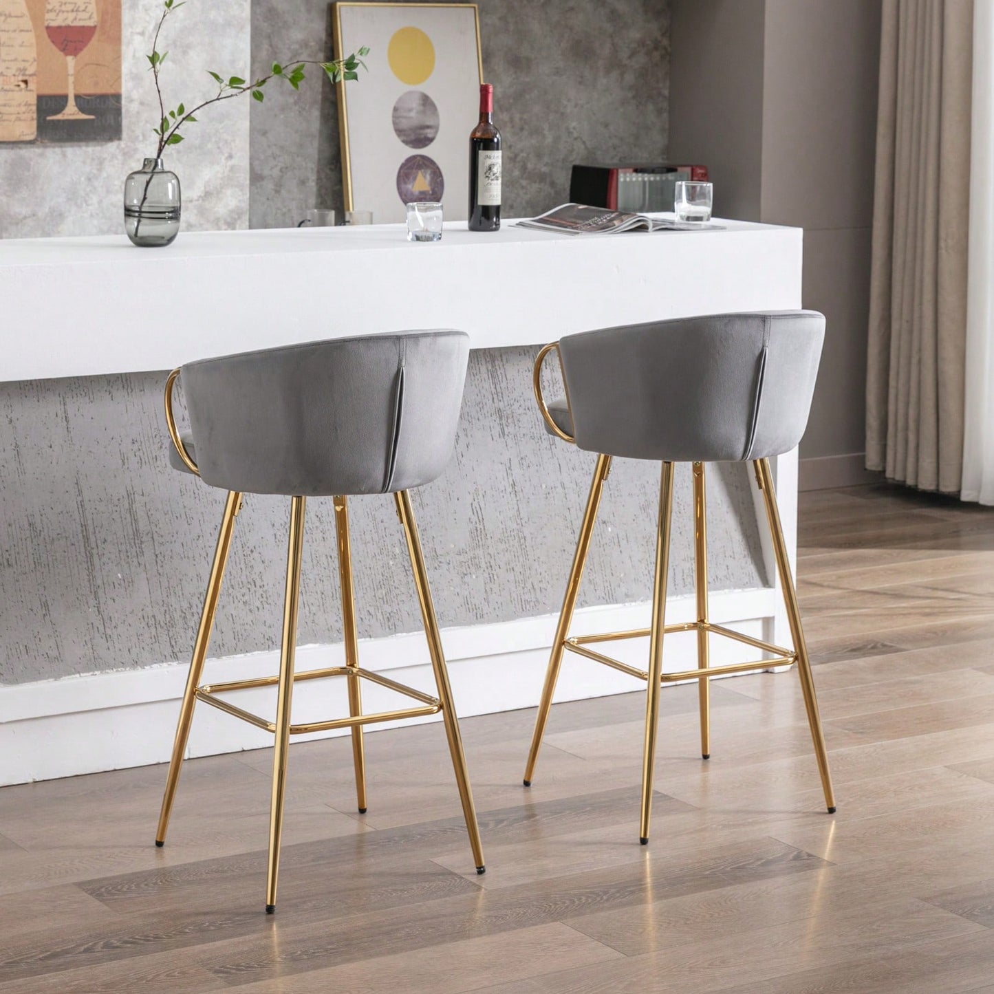 26 Inch Set Of 2 Bar Stools,With Chrome Footrest And Base Velvet + Golden Leg Simple Bar Stool