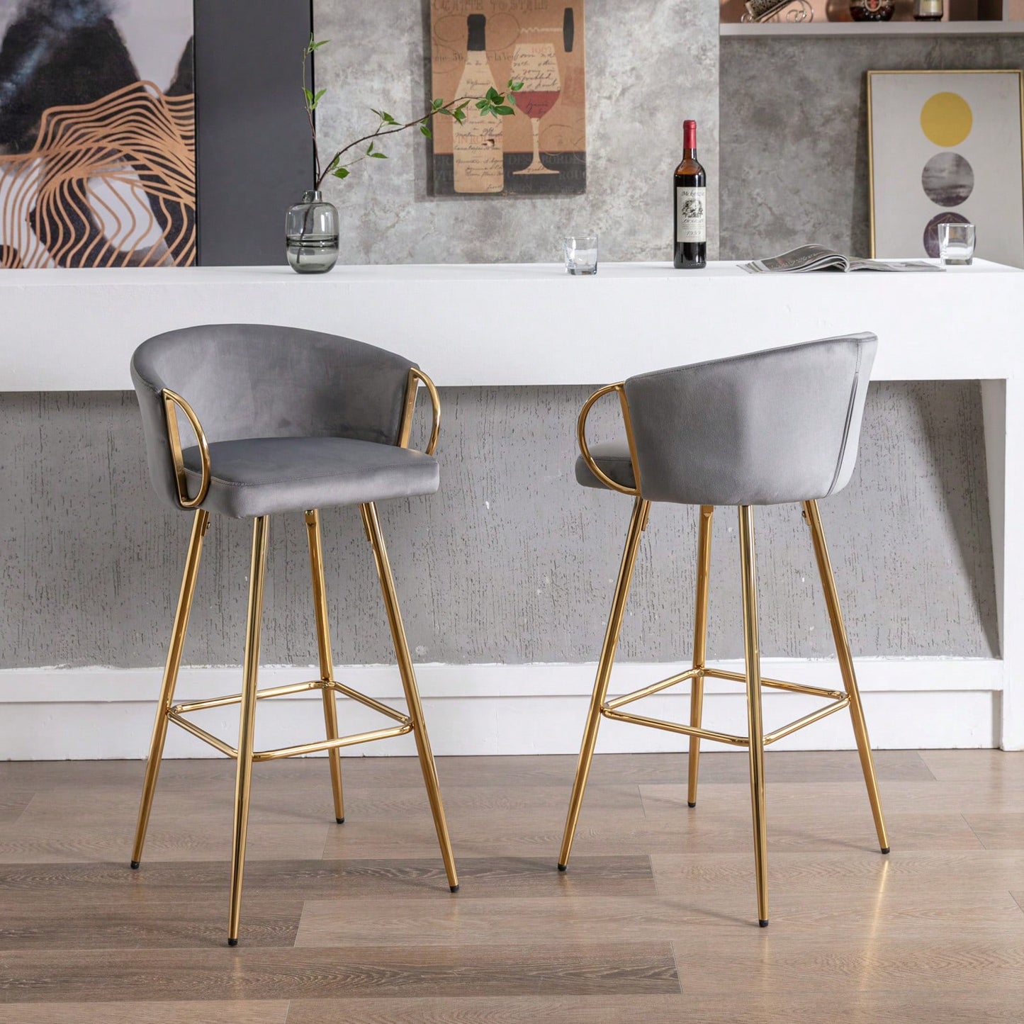 26 Inch Set Of 2 Bar Stools,With Chrome Footrest And Base Velvet + Golden Leg Simple Bar Stool