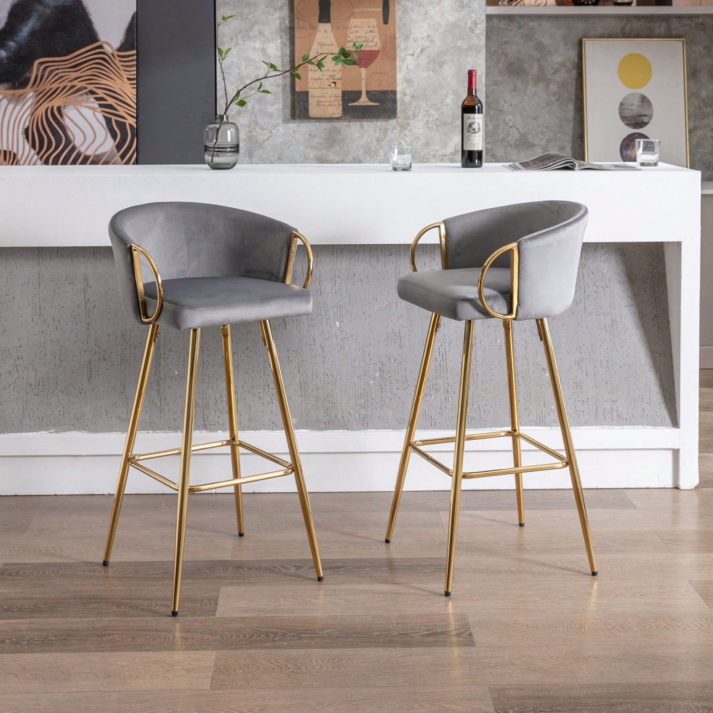 26 Inch Set Of 2 Bar Stools,With Chrome Footrest And Base Velvet + Golden Leg Simple Bar Stool