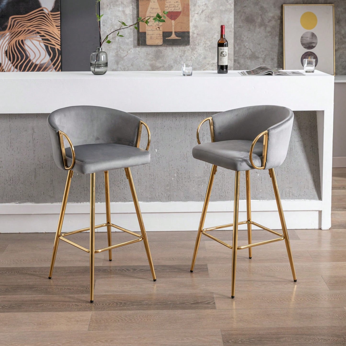 26 Inch Set Of 2 Bar Stools,With Chrome Footrest And Base Velvet + Golden Leg Simple Bar Stool