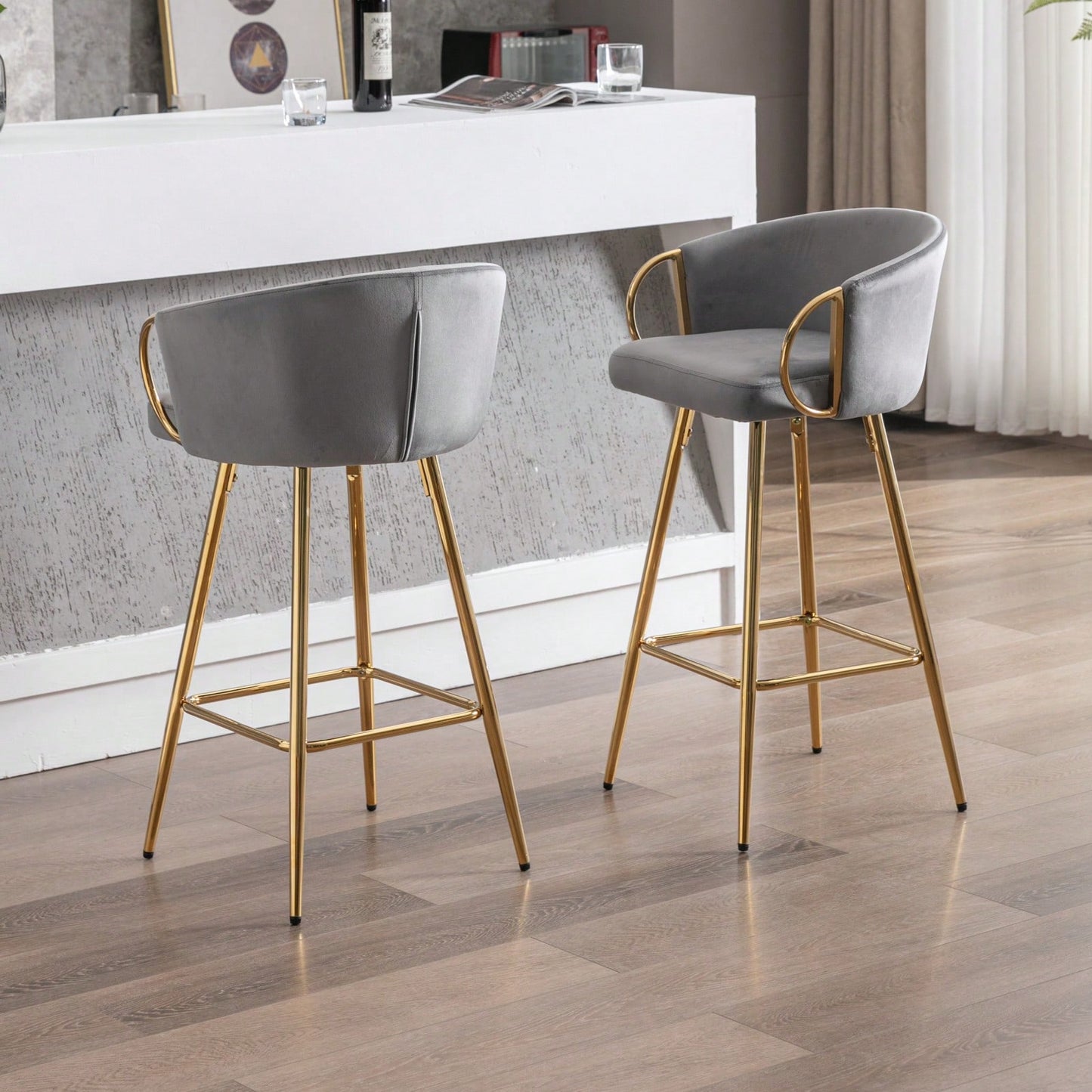 26 Inch Set Of 2 Bar Stools,With Chrome Footrest And Base Velvet + Golden Leg Simple Bar Stool