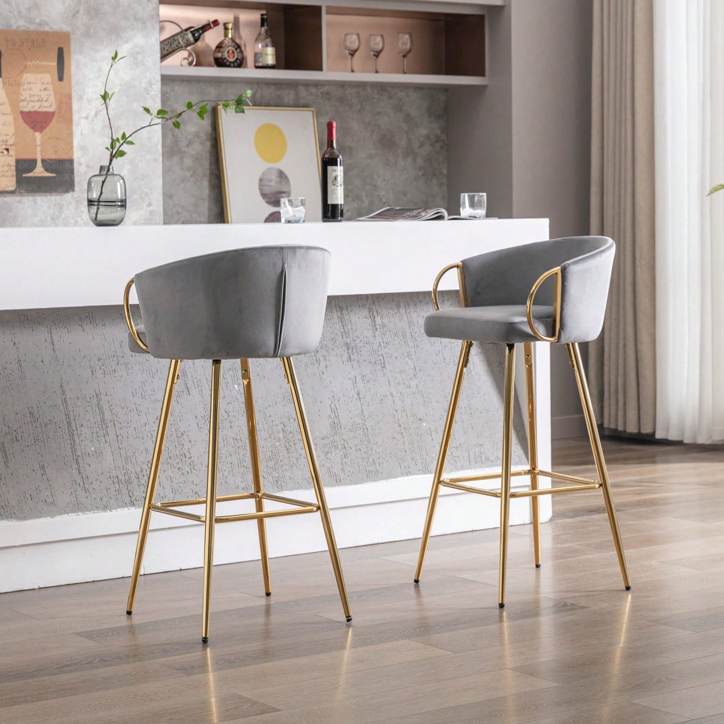 26 Inch Set Of 2 Bar Stools,With Chrome Footrest And Base Velvet + Golden Leg Simple Bar Stool