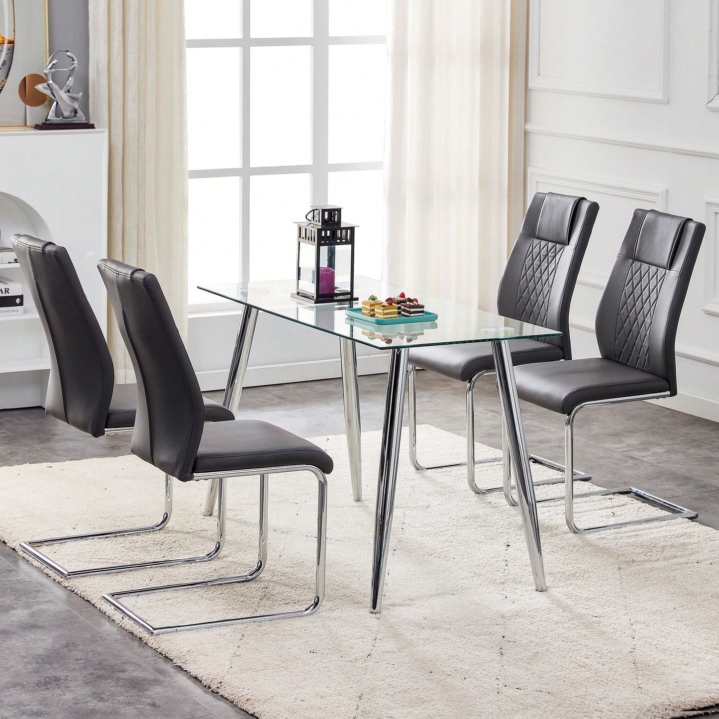 Set of 4 Modern Upholstered Faux Leather Dining Chairs with Metal Legs and Anti-Slip Footpads for Kitchen and Living Room