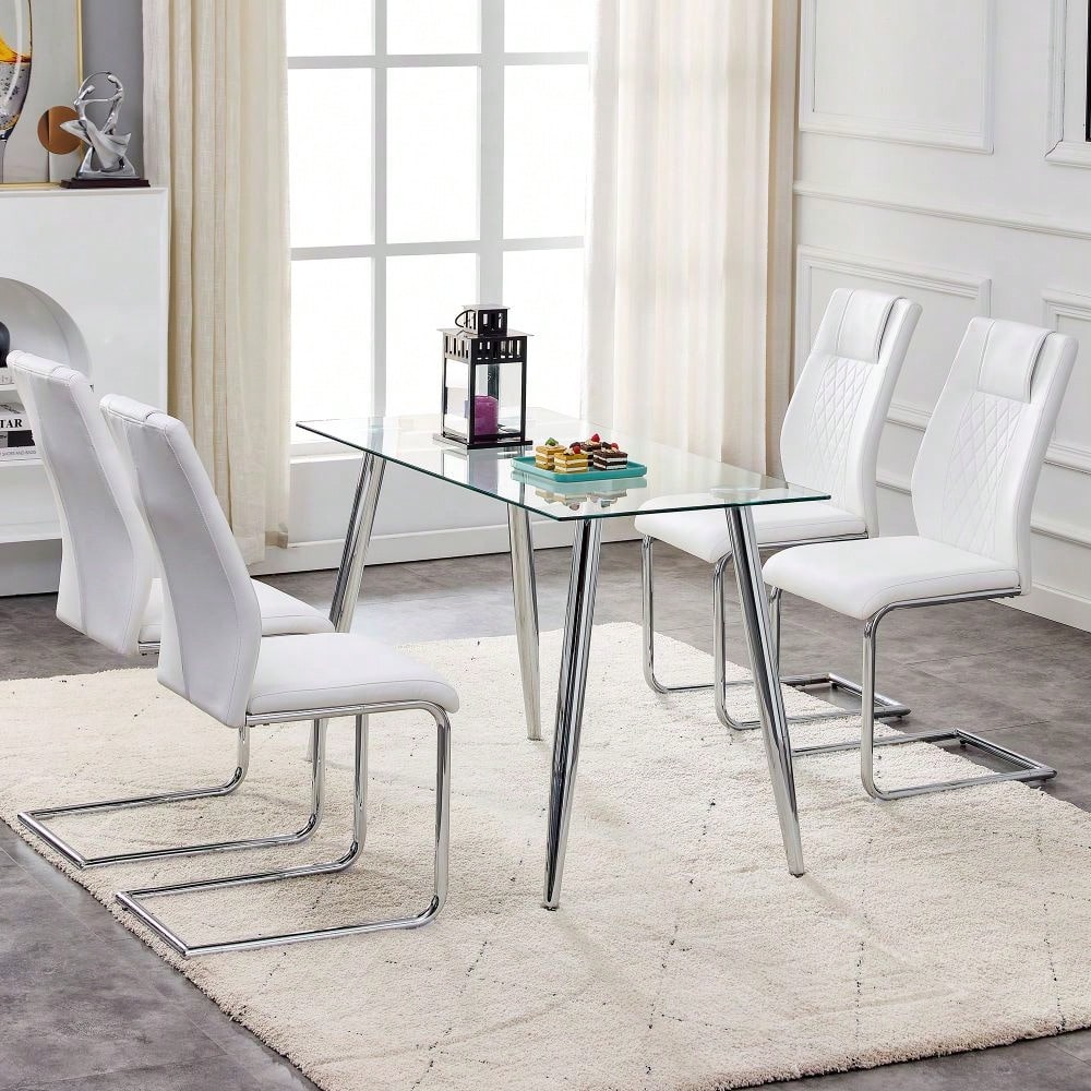 Set of 4 Modern Upholstered Faux Leather Dining Chairs with Metal Legs and Anti-Slip Footpads for Kitchen and Living Room