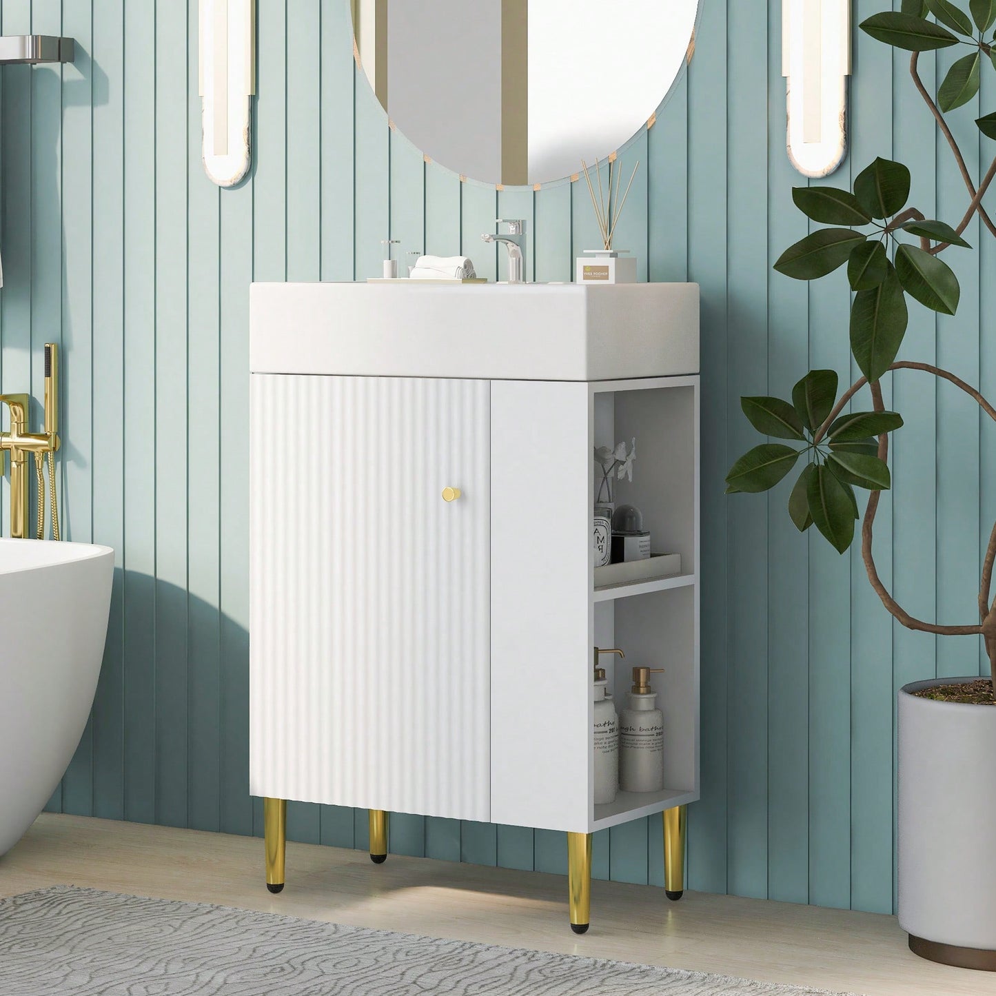 21.6" Bathroom Vanity With Sink And Open Storage - Modern Single Sink Vanity With Ceramic Top And Soft-Close Door