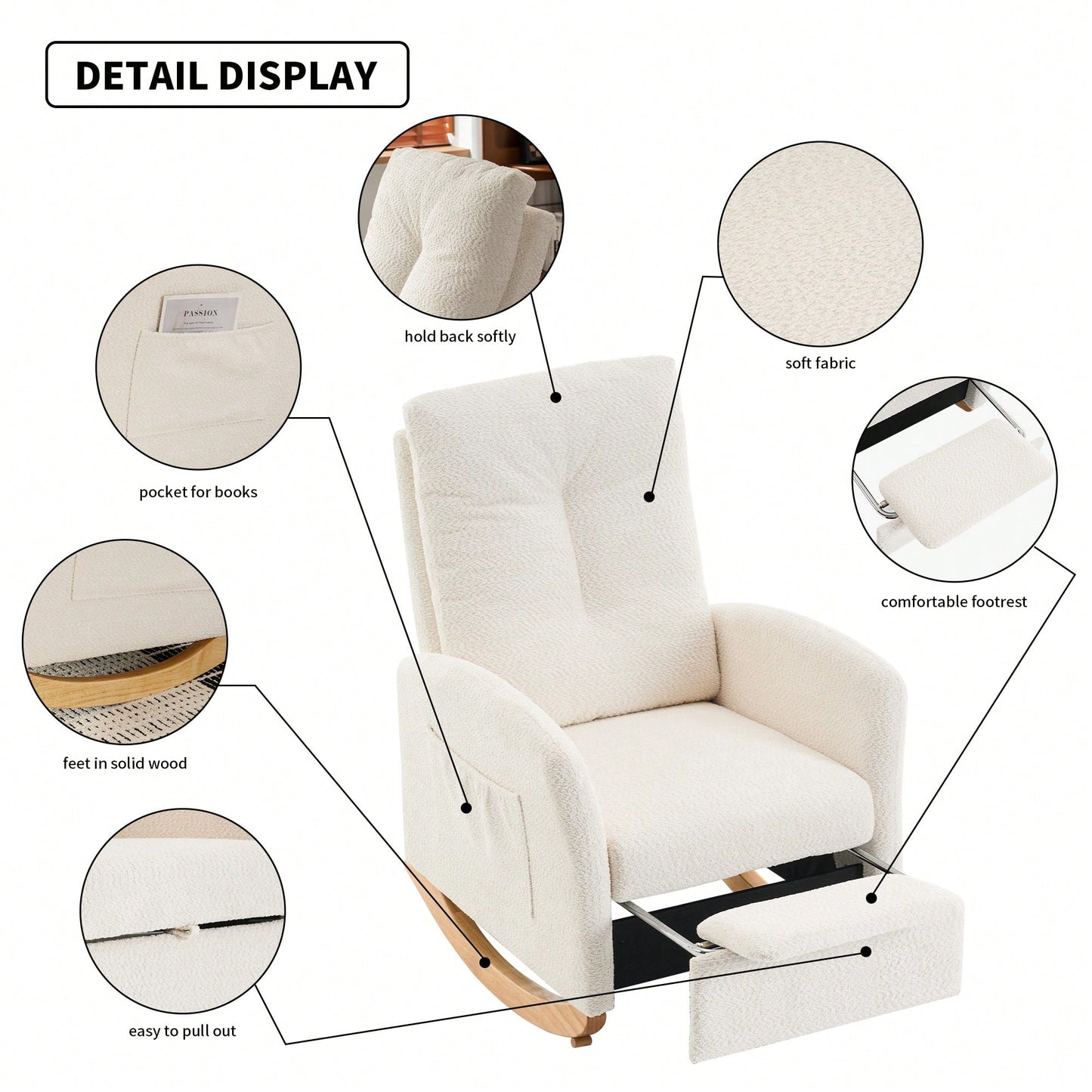 Ergonomic Upholstered Rocking Chair with Footrest High Back Padded Armchair for Living Room Bedroom Nursery