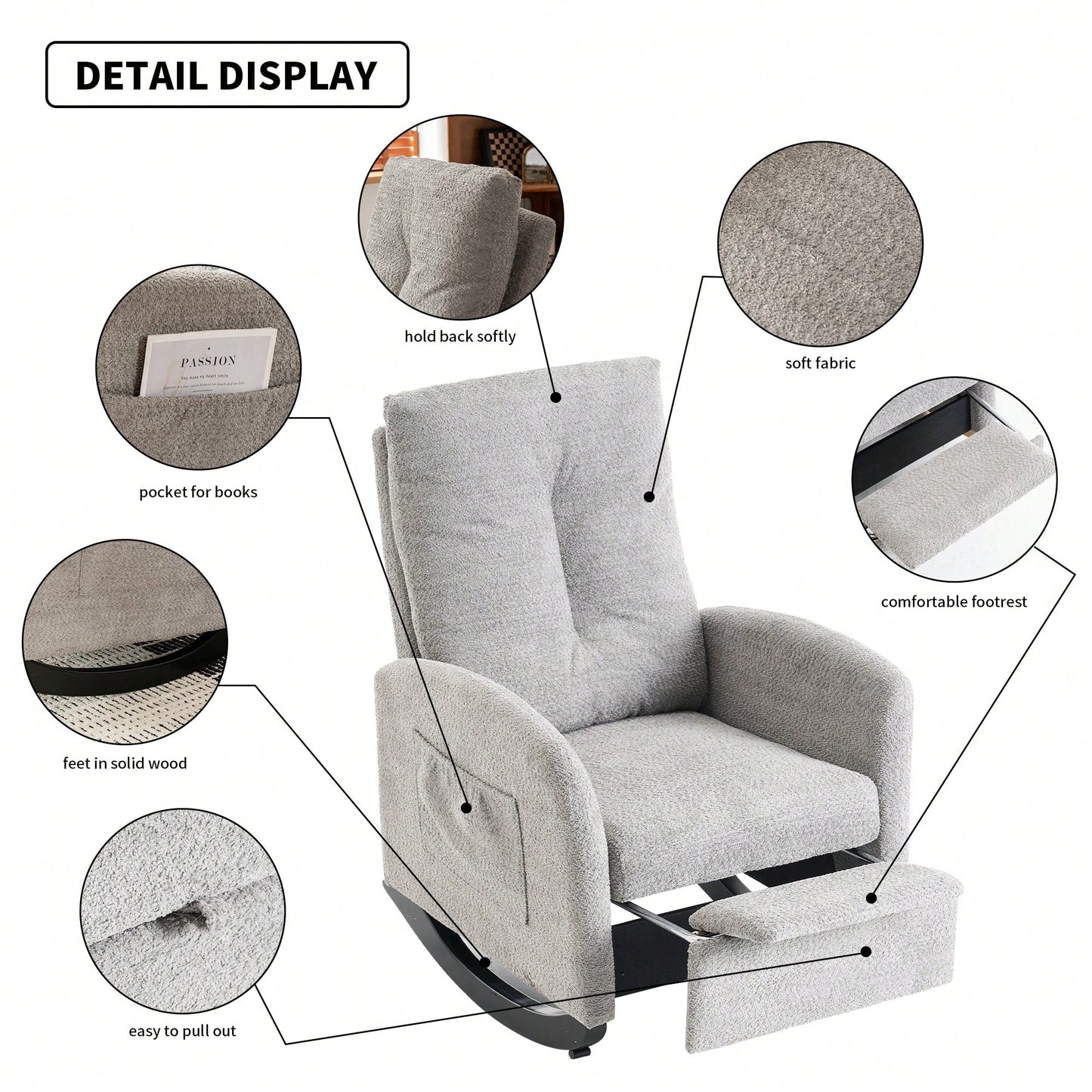 Ergonomic Upholstered Rocking Chair with Footrest High Back Padded Armchair for Living Room Bedroom Nursery