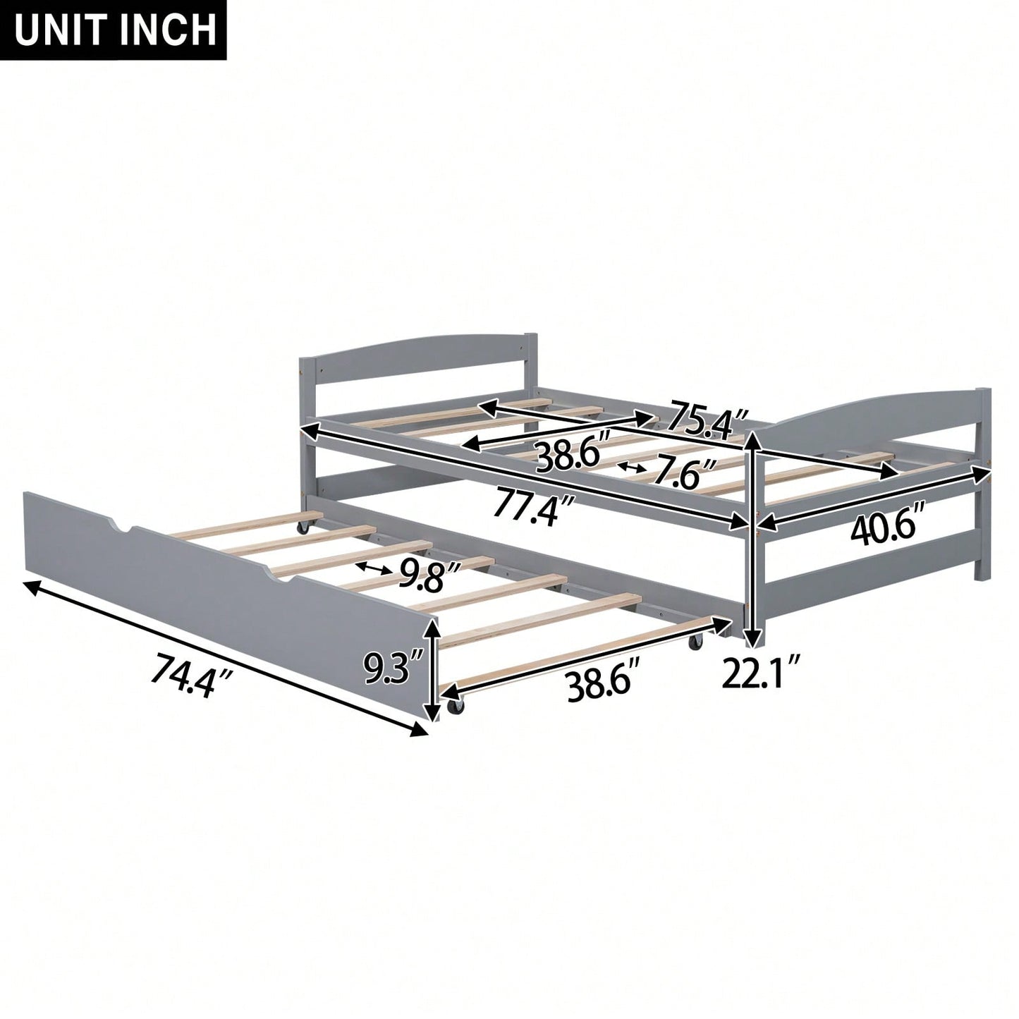 Twin Size Platform Bed Frame With Trundle Bed For Kids Teens Adults, Wood Slat Support, No Box Spring Needed, Gray