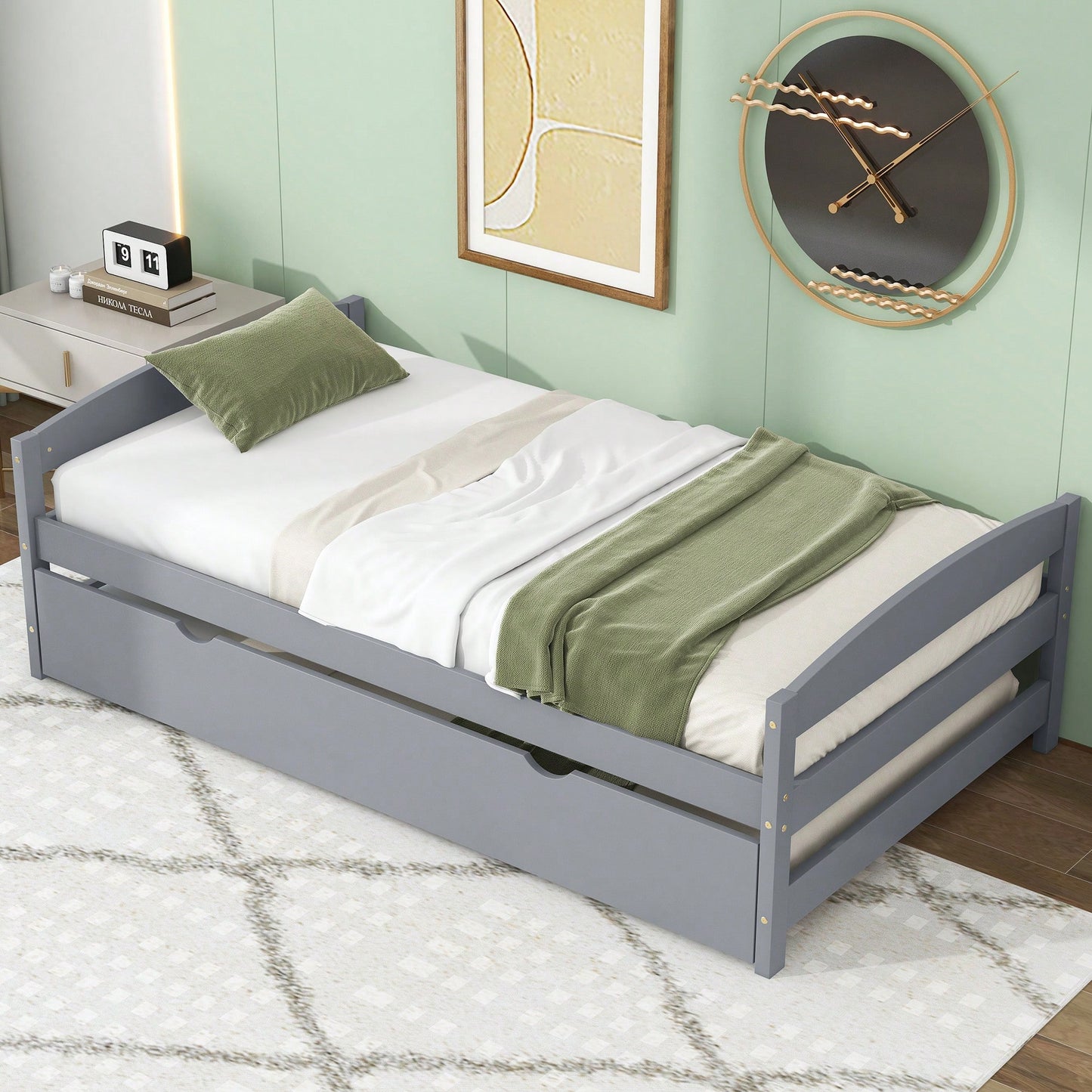 Twin Size Platform Bed Frame With Trundle Bed For Kids Teens Adults, Wood Slat Support, No Box Spring Needed, Gray