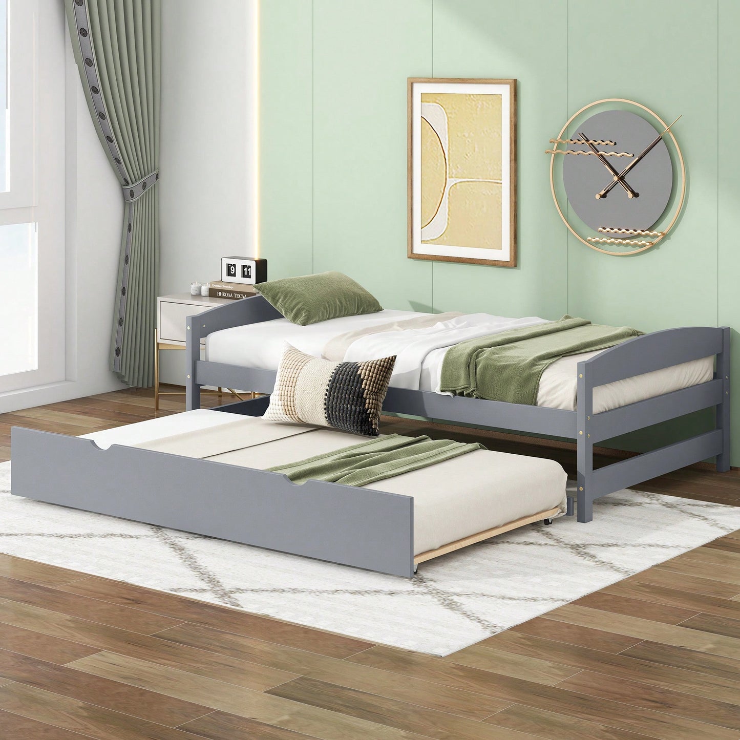 Twin Size Platform Bed Frame With Trundle Bed For Kids Teens Adults, Wood Slat Support, No Box Spring Needed, Gray