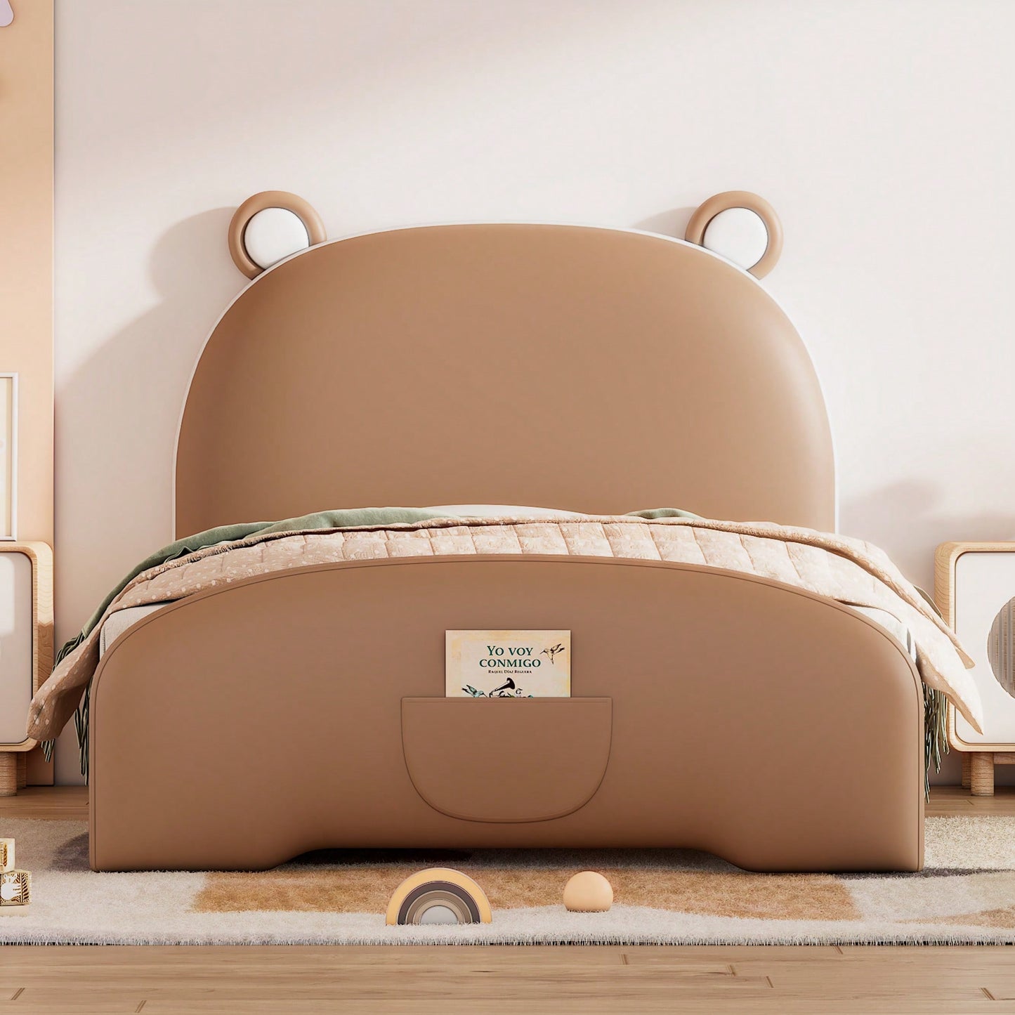 Twin Platform Bed Frame With Storage Pocket & Bear-Shaped Headboard, Wood Slat Support, No Box Spring Needed, Easy Assembly