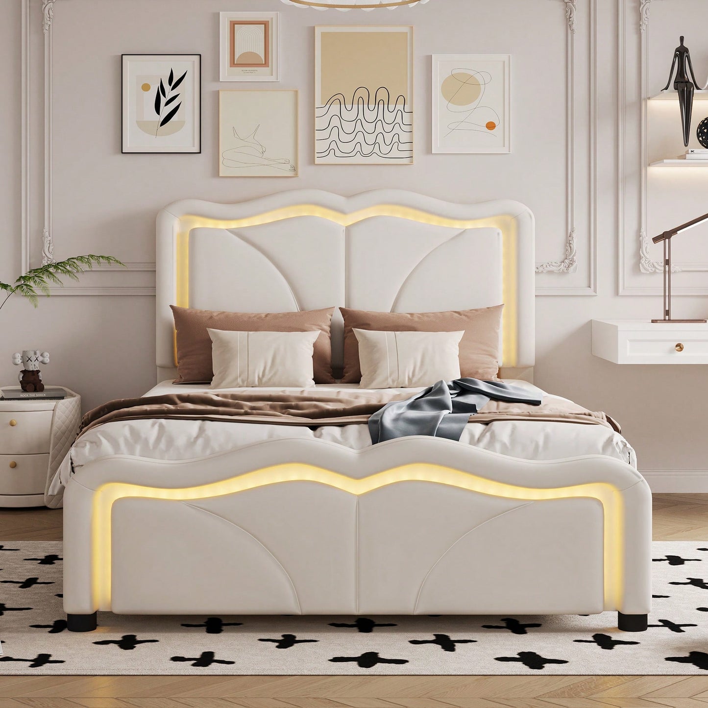 Twin Size Upholstered Platform Bed With Curve Shaped And Height-Adjustbale Headboard,LED Light Strip