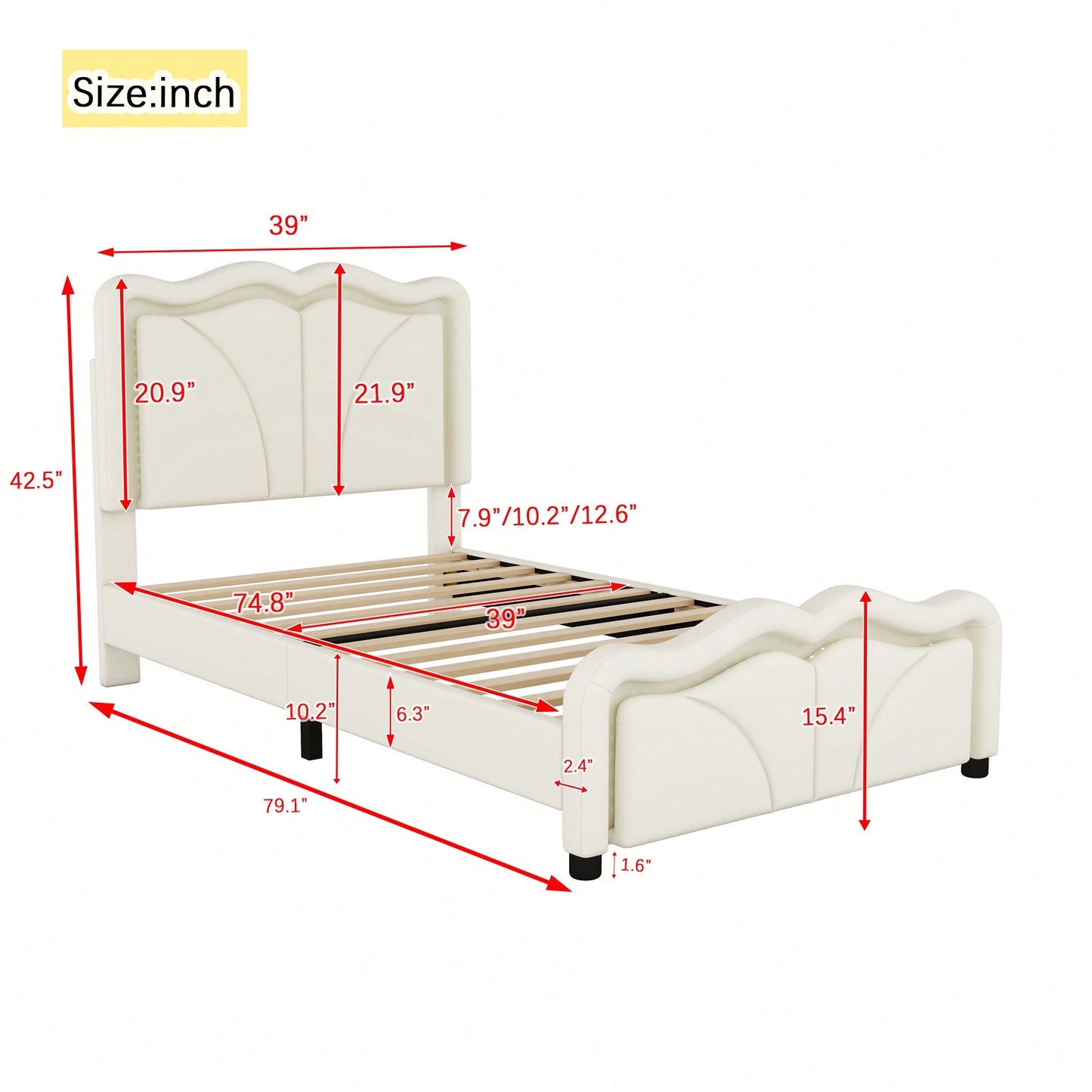 Twin Size Upholstered Platform Bed With Curve Shaped And Height-Adjustbale Headboard,LED Light Strip