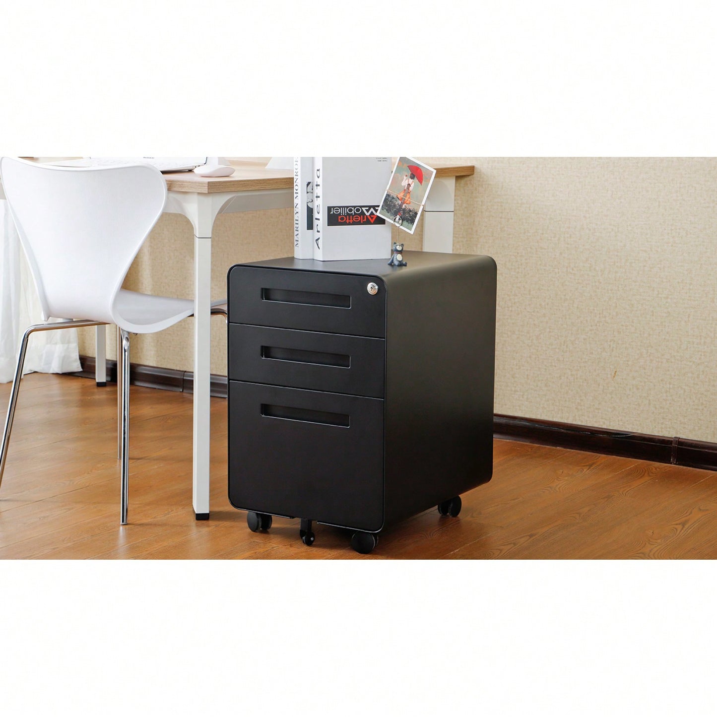 Mobile Rolling File Cabinet with Lock 3 Drawer Under Desk Storage for Legal Letter A4 Files Anti-Tilt Design