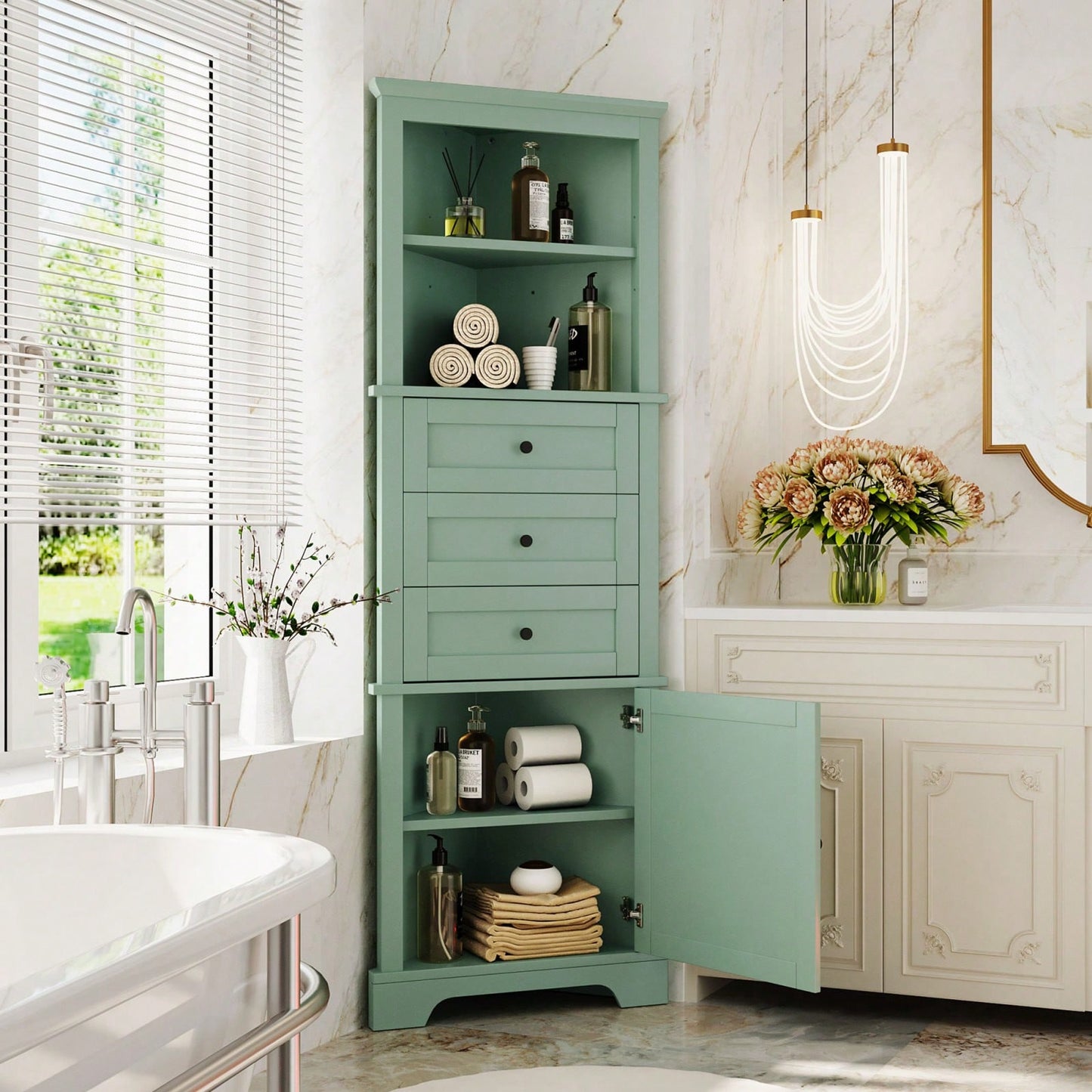 Green Tall Corner Storage Cabinet with Adjustable Shelves and Drawers for Bathroom Kitchen or Living Room