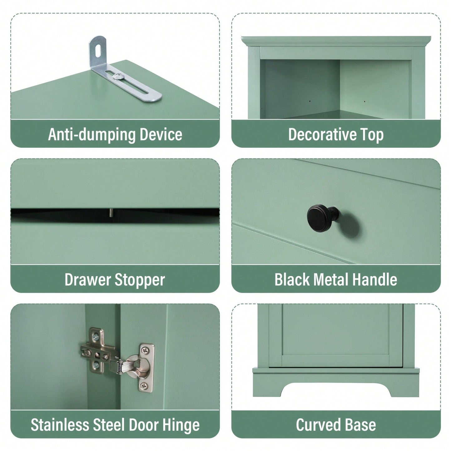 Green Tall Corner Storage Cabinet with Adjustable Shelves and Drawers for Bathroom Kitchen or Living Room
