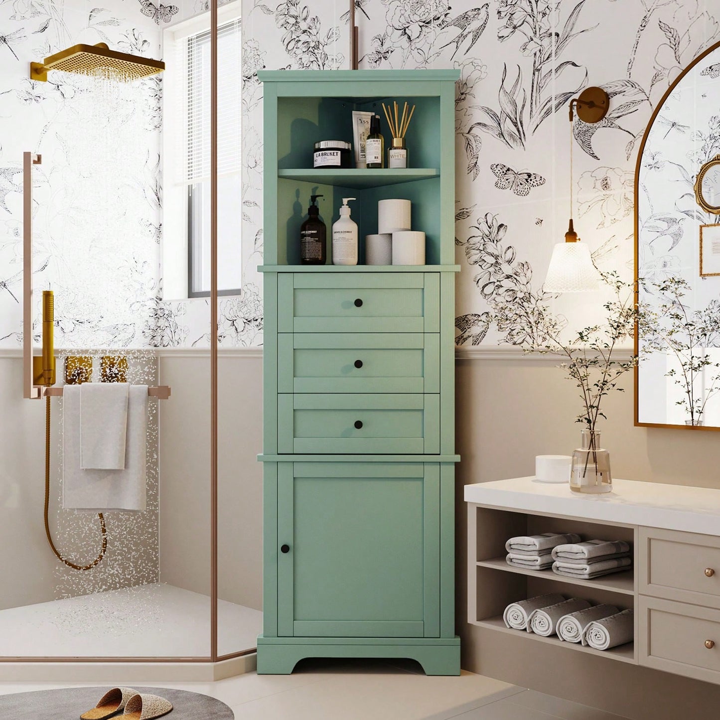 Green Tall Corner Storage Cabinet with Adjustable Shelves and Drawers for Bathroom Kitchen or Living Room