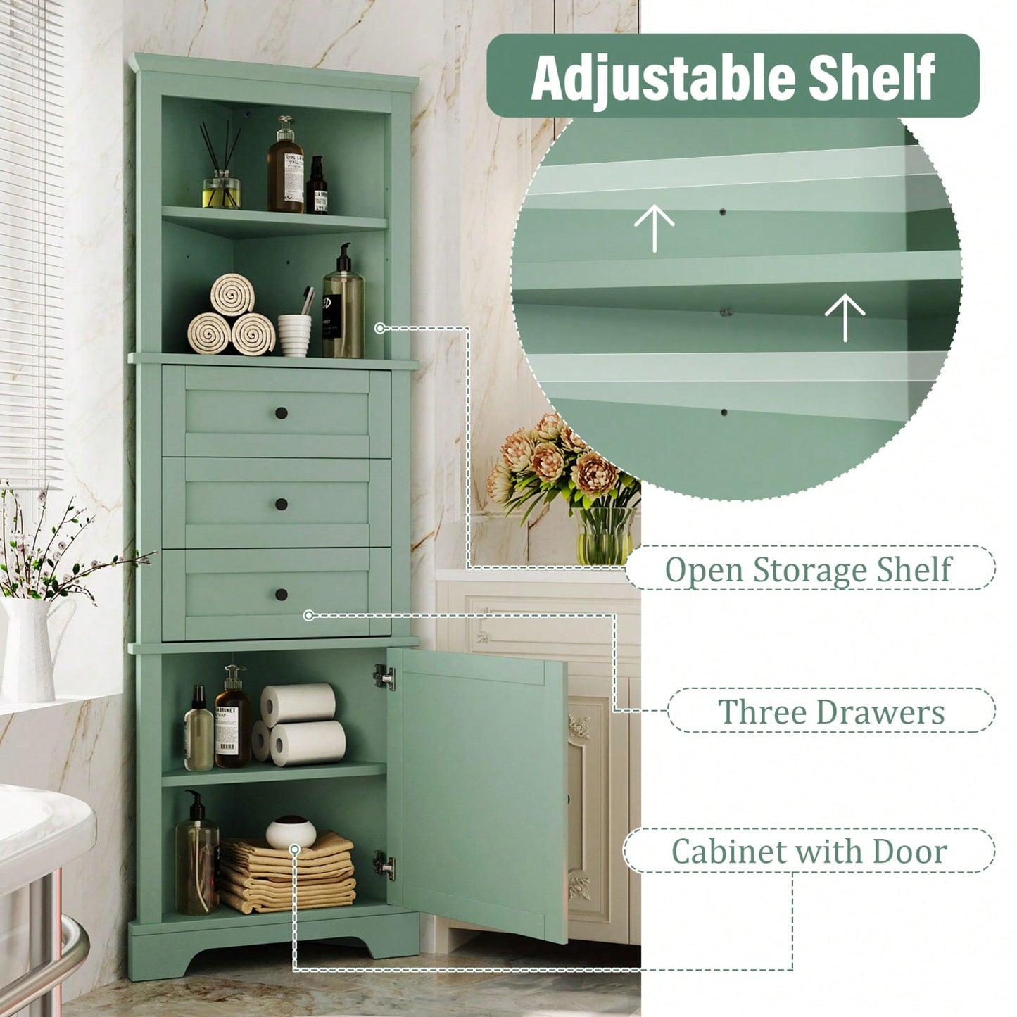 Green Tall Corner Storage Cabinet with Adjustable Shelves and Drawers for Bathroom Kitchen or Living Room