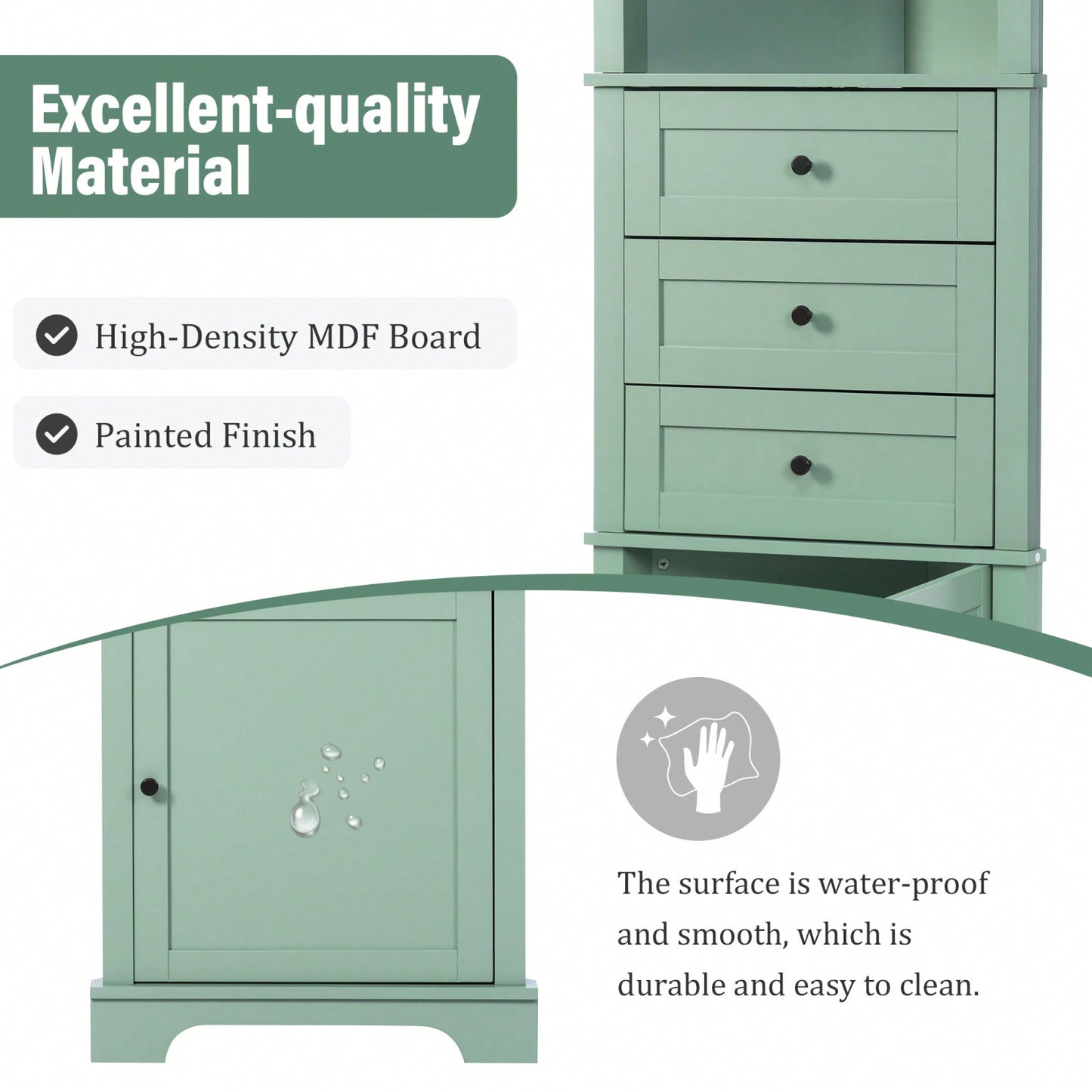 Green Tall Corner Storage Cabinet with Adjustable Shelves and Drawers for Bathroom Kitchen or Living Room