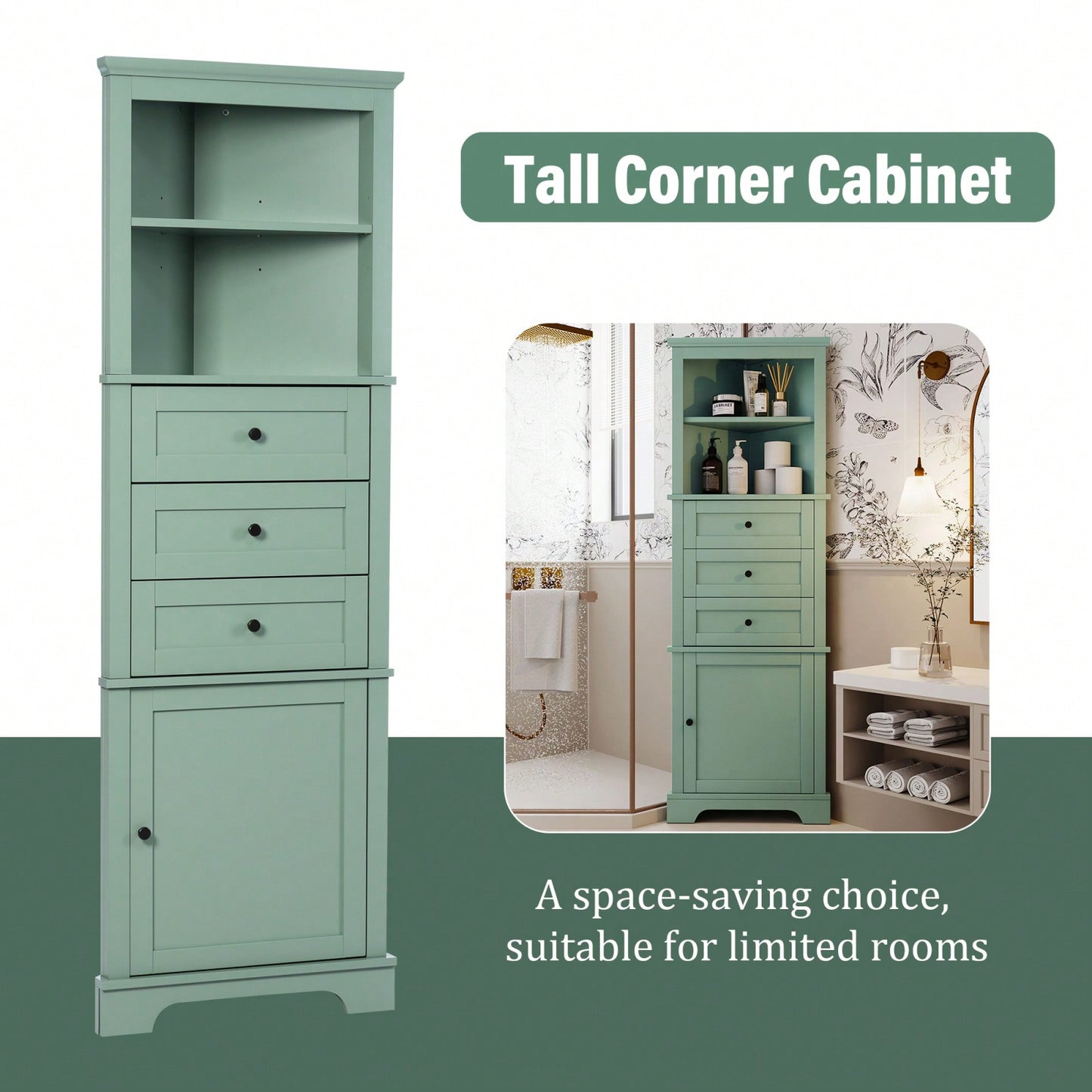 Green Tall Corner Storage Cabinet with Adjustable Shelves and Drawers for Bathroom Kitchen or Living Room