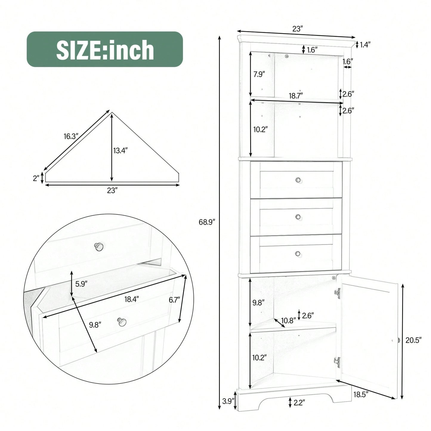 Green Tall Corner Storage Cabinet with Adjustable Shelves and Drawers for Bathroom Kitchen or Living Room