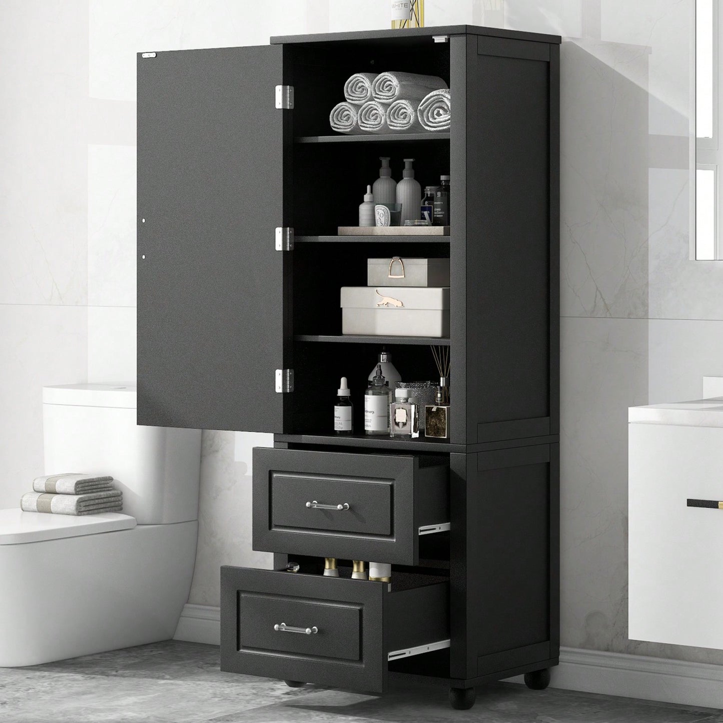 Freestanding Tall Bathroom Storage Cabinet with Adjustable Shelves and Drawers Anti-Tip Device Easy Assembly