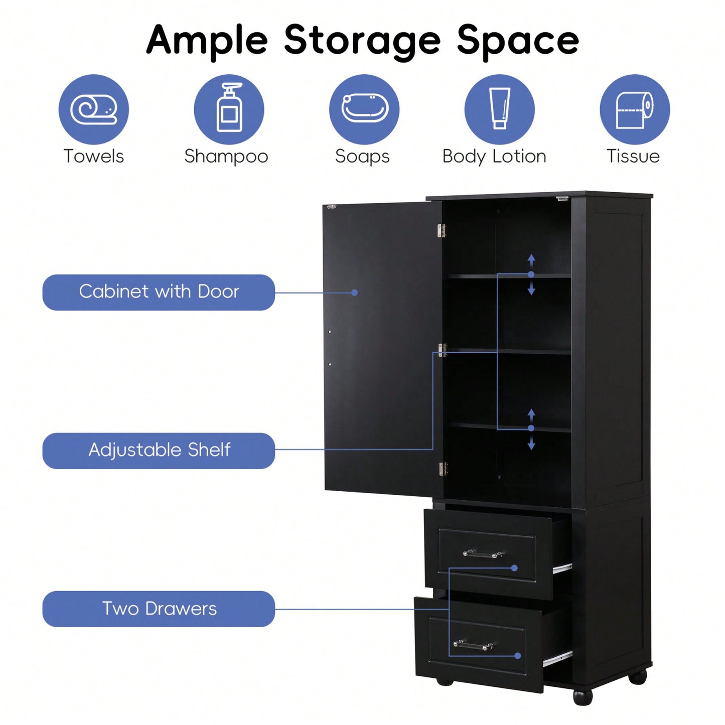 Freestanding Tall Bathroom Storage Cabinet with Adjustable Shelves and Drawers Anti-Tip Device Easy Assembly