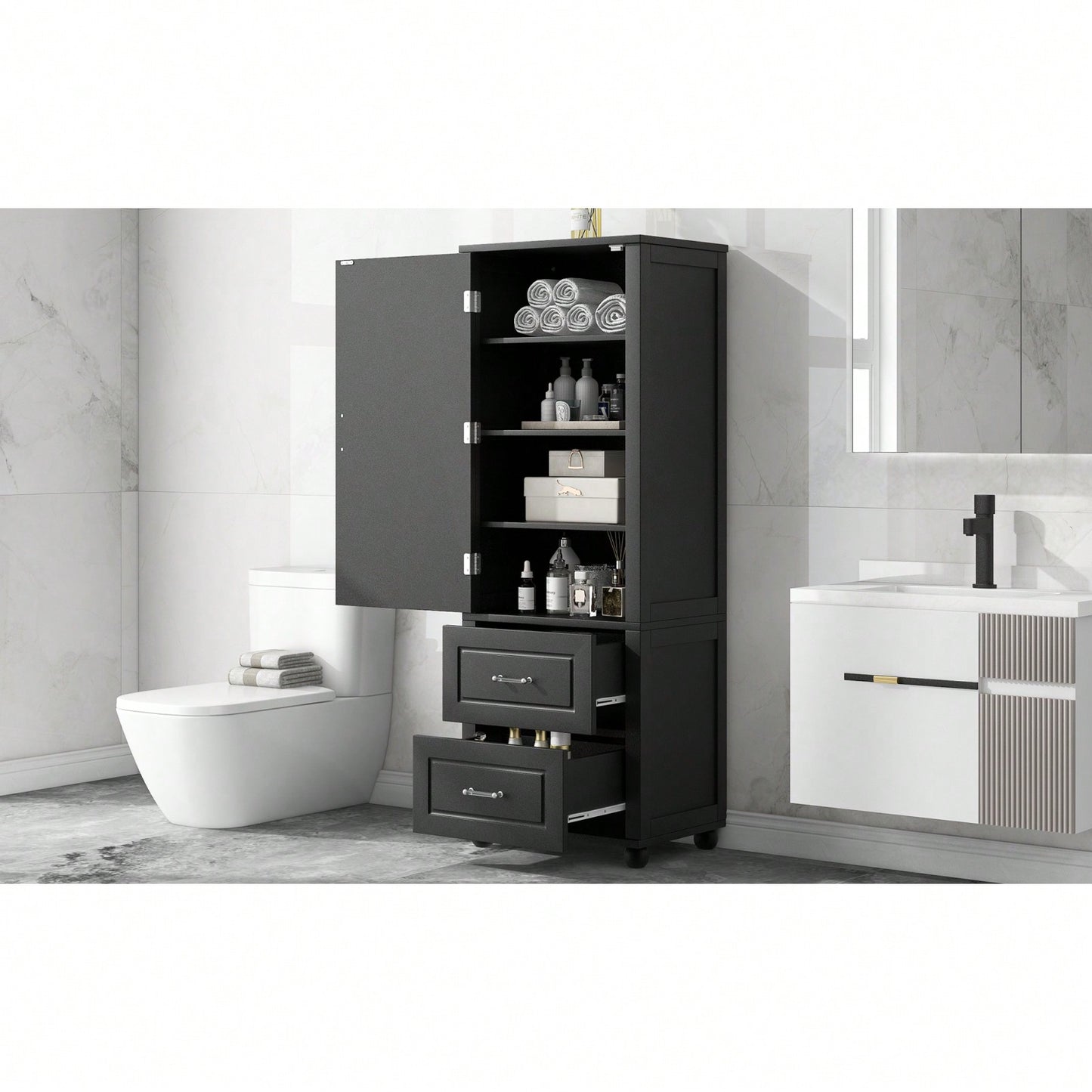 Freestanding Tall Bathroom Storage Cabinet with Adjustable Shelves and Drawers Anti-Tip Device Easy Assembly