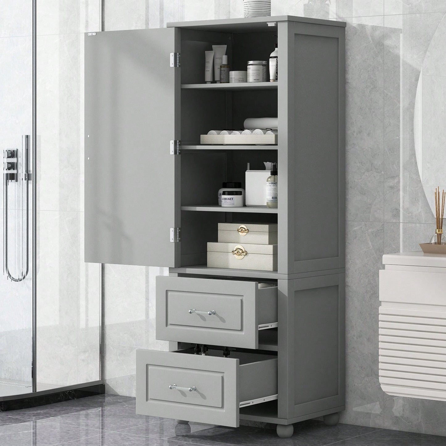 Freestanding Tall Bathroom Storage Cabinet with Adjustable Shelves and Drawers Anti-Tip Device Easy Assembly