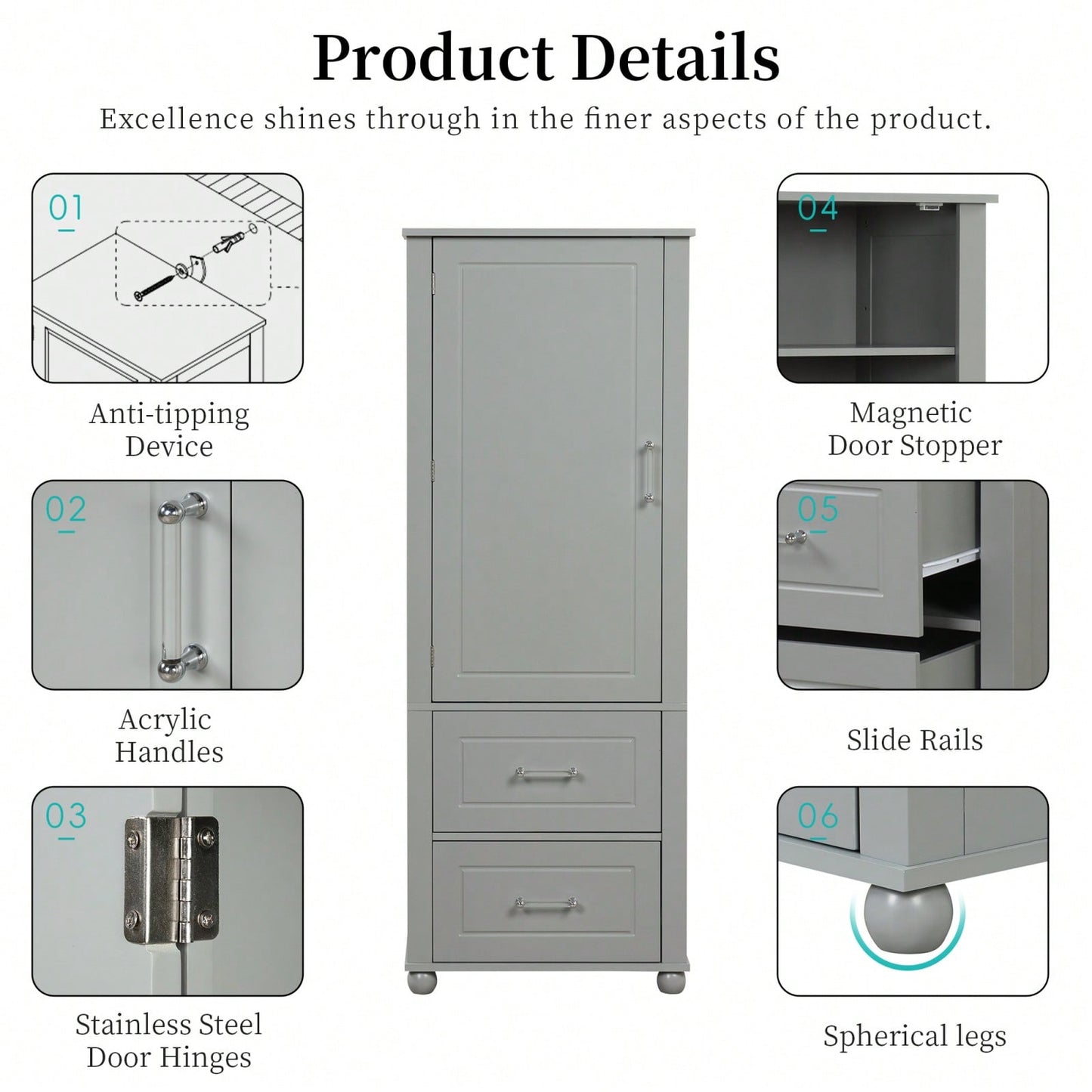 Freestanding Tall Bathroom Storage Cabinet with Adjustable Shelves and Drawers Anti-Tip Device Easy Assembly