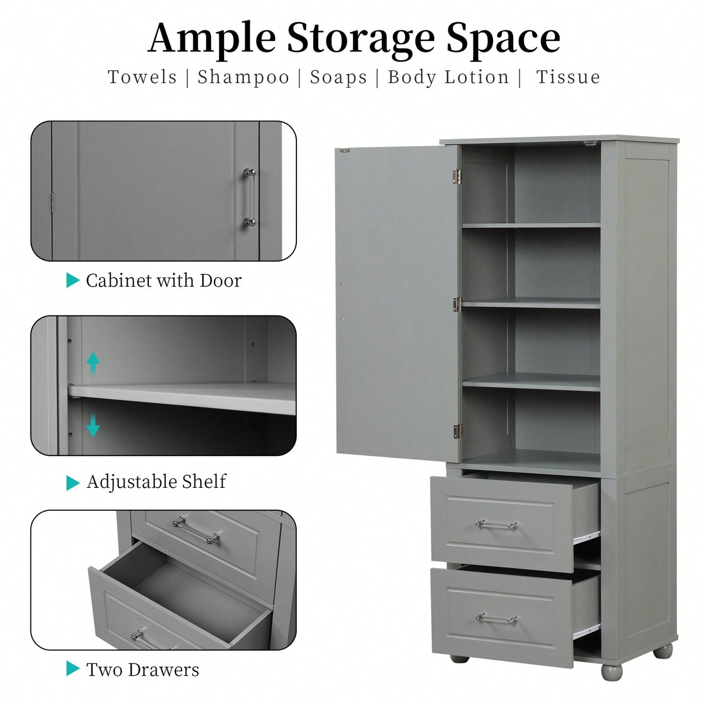 Freestanding Tall Bathroom Storage Cabinet with Adjustable Shelves and Drawers Anti-Tip Device Easy Assembly