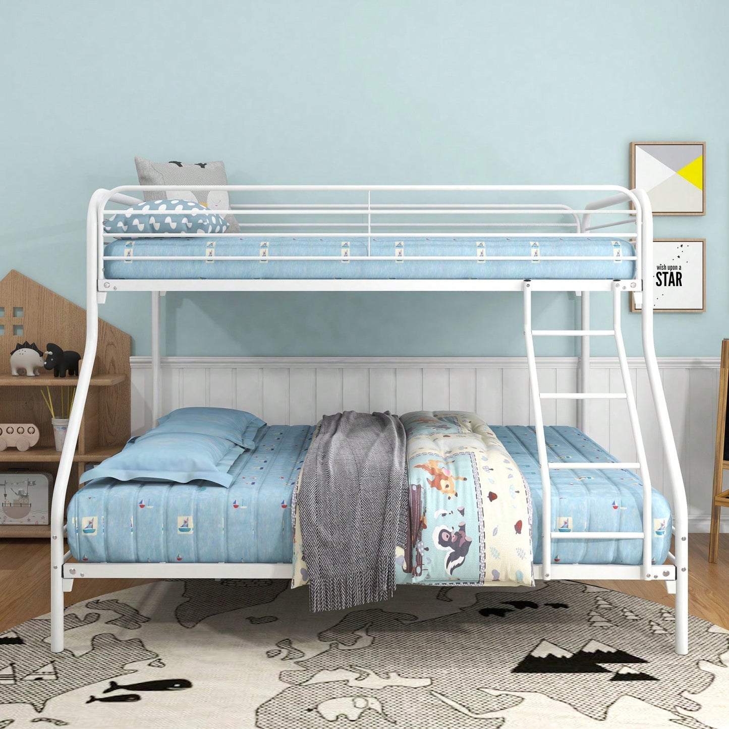 Heavy Duty Twin Over Full Bunk Bed Metal Frame with Guardrails and Storage Easy Assembly No Box Spring Needed