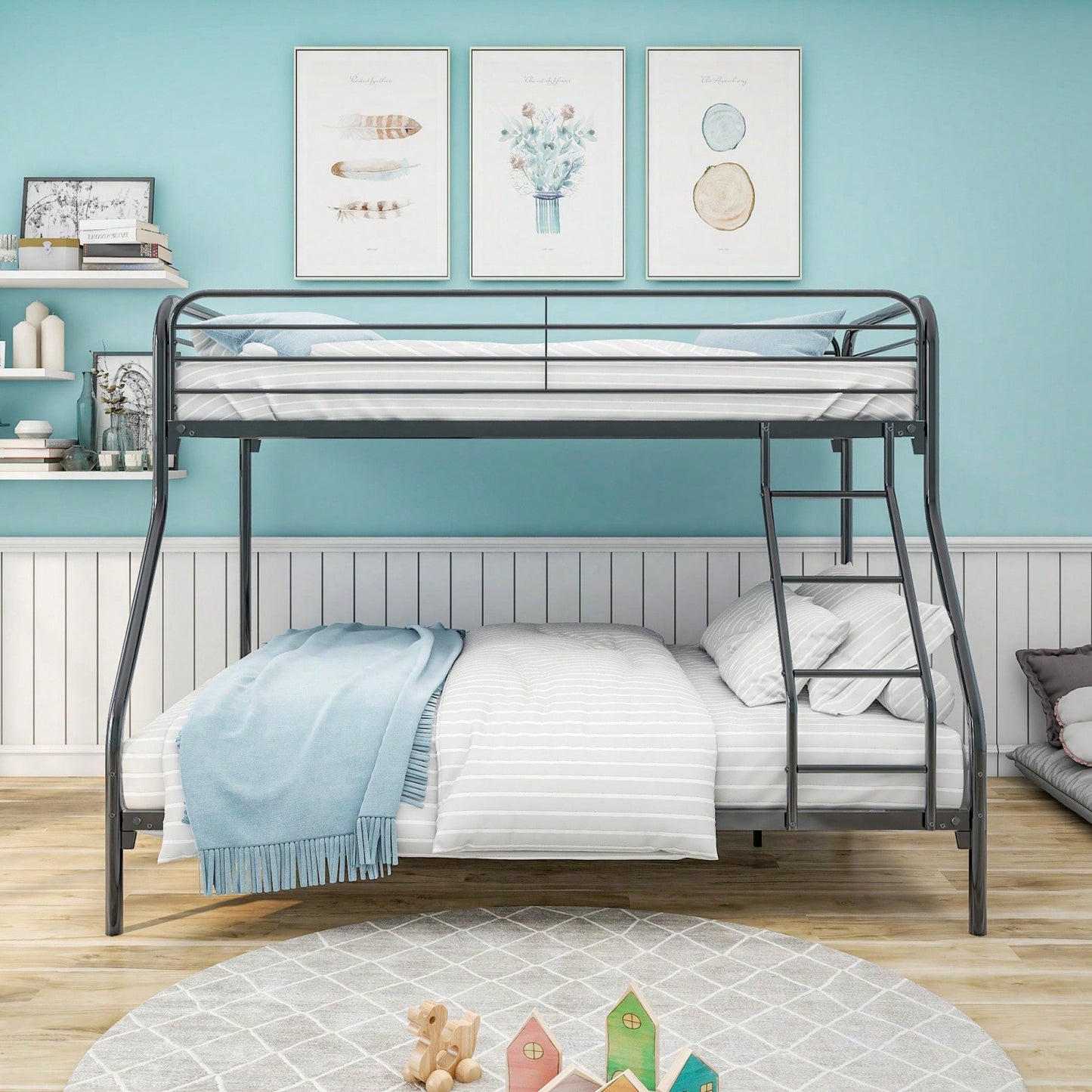 Heavy Duty Twin Over Full Bunk Bed Metal Frame with Guardrails and Storage Easy Assembly No Box Spring Needed