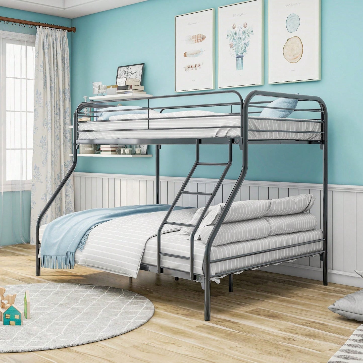 Heavy Duty Twin Over Full Bunk Bed Metal Frame with Guardrails and Storage Easy Assembly No Box Spring Needed