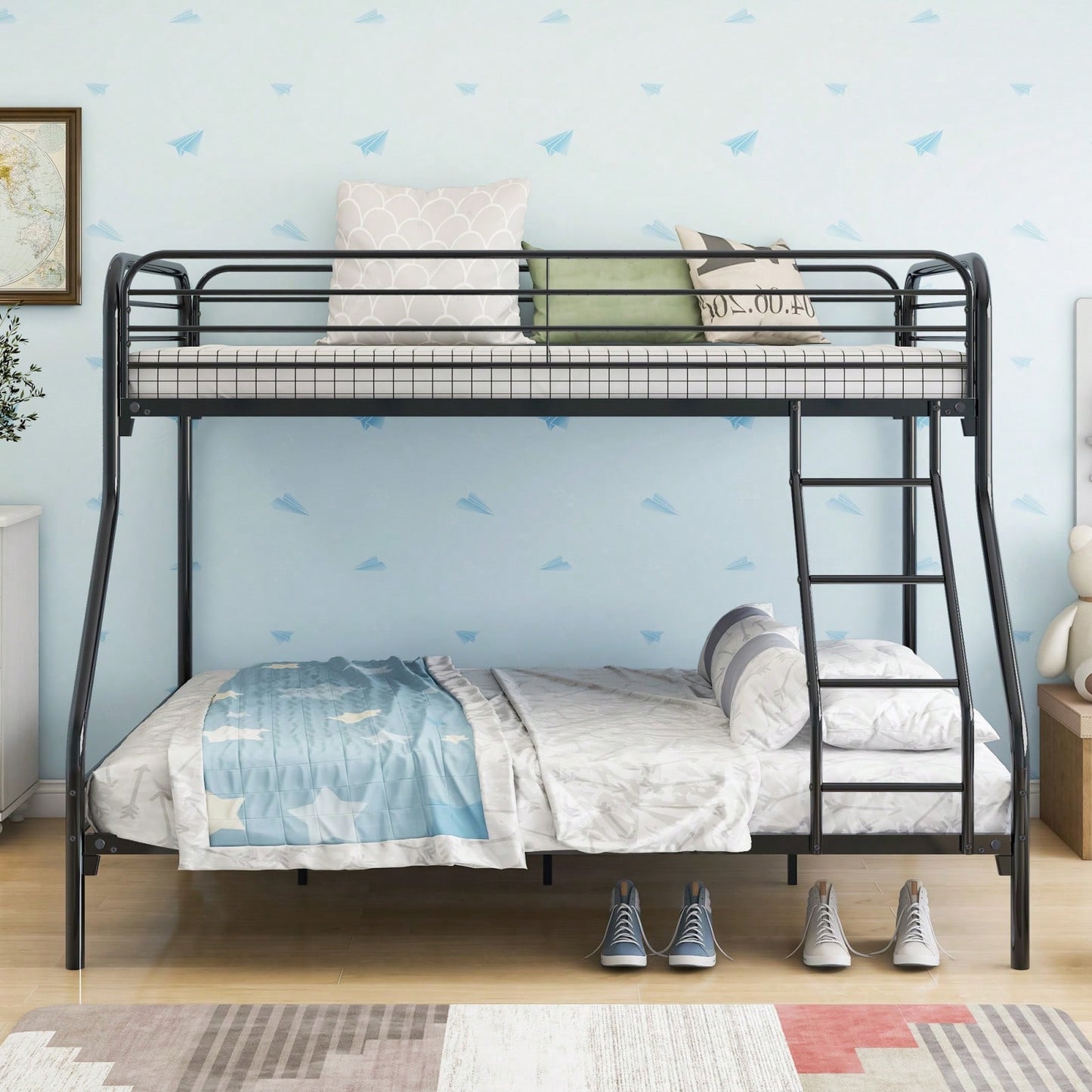 Heavy Duty Twin Over Full Bunk Bed Metal Frame with Guardrails and Storage Easy Assembly No Box Spring Needed