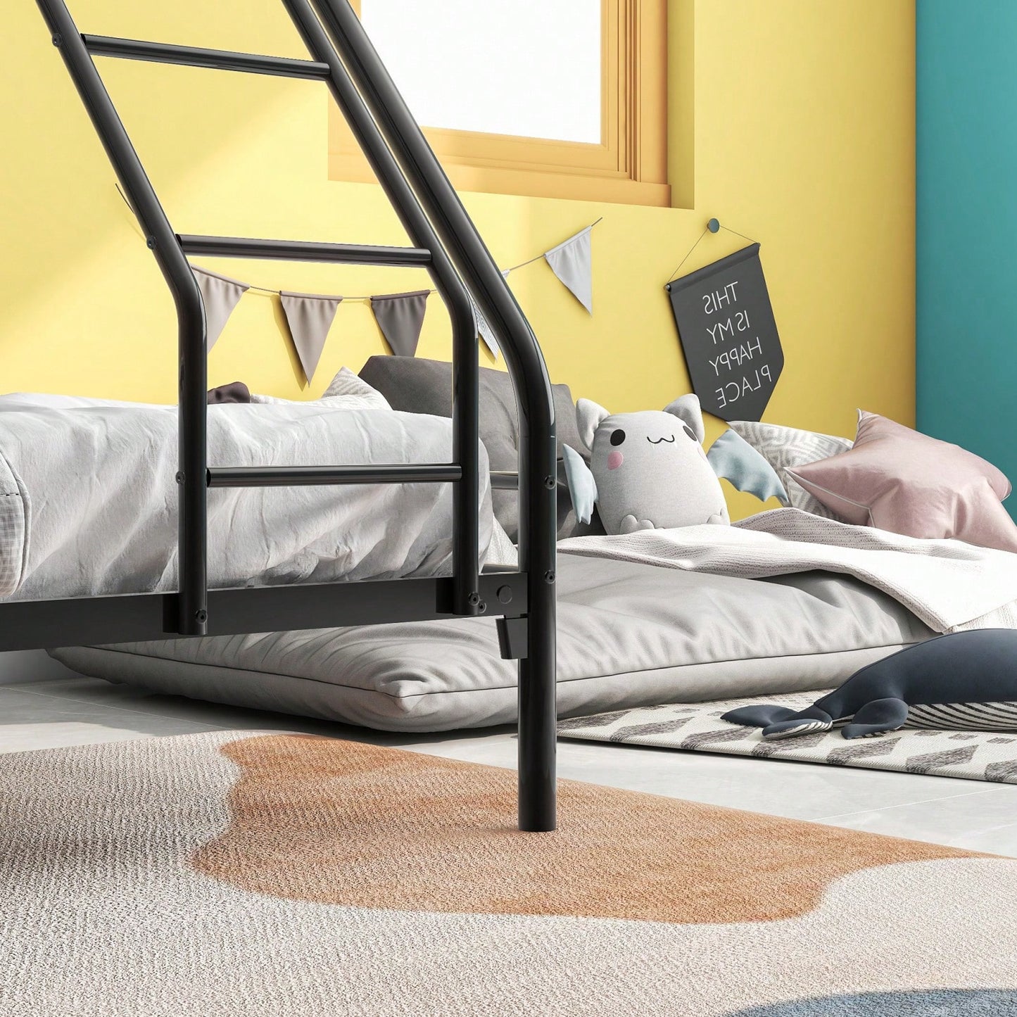Heavy Duty Twin Over Full Bunk Bed Metal Frame with Guardrails and Storage Easy Assembly No Box Spring Needed