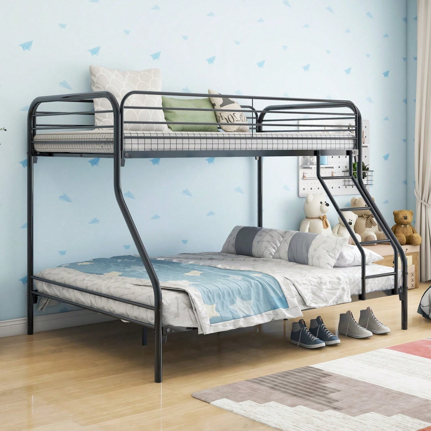 Heavy Duty Twin Over Full Bunk Bed Metal Frame with Guardrails and Storage Easy Assembly No Box Spring Needed