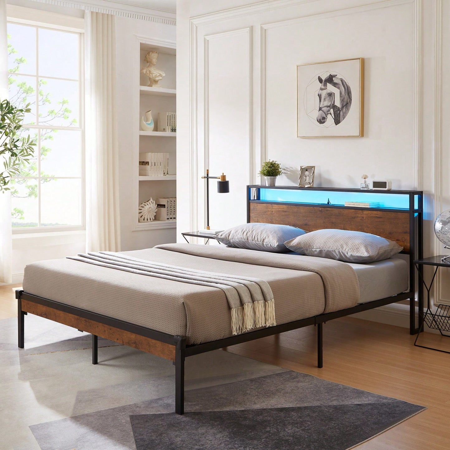 Modern King Size Platform Bed Frame with LED Lights USB Ports Under Bed Storage Easy Assembly Metal Wood Design