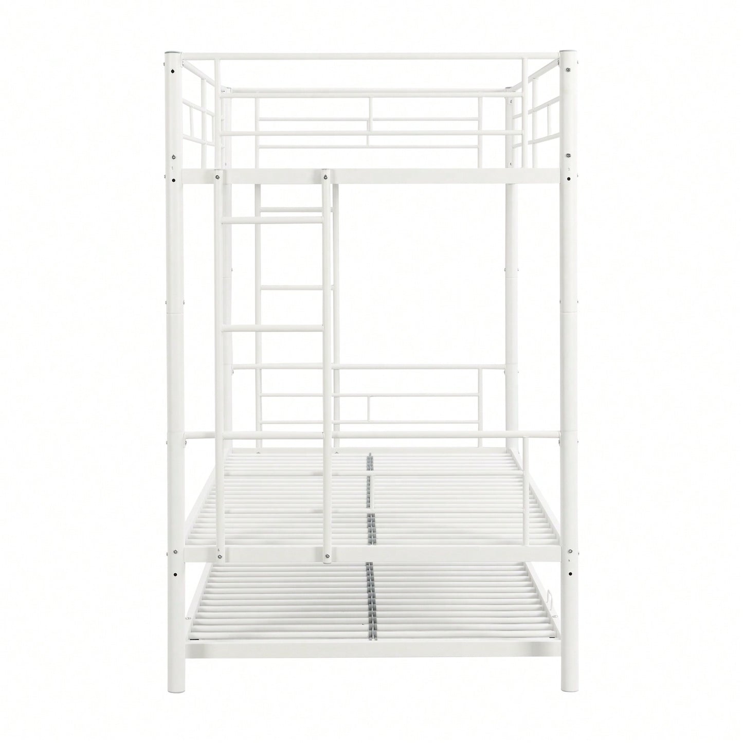 White Metal Twin Over Twin Bunk Bed with Trundle Safe Stairs Space Saving Design Easy Assembly Sturdy Frame 350 Lbs Weight Limit