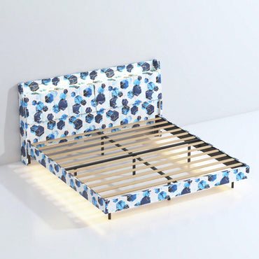 King Size Upholstered Platform Bed Frame With LED Lights, Storage Headboard, Charging Station & Hidden Storage, No Box Spring Needed, Blue