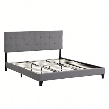 King Size Upholstered Platform Bed Frame With Button Tufted Linen Fabric Headboard, No Box Spring Needed, Wood Slat Support, Easy Assembly
