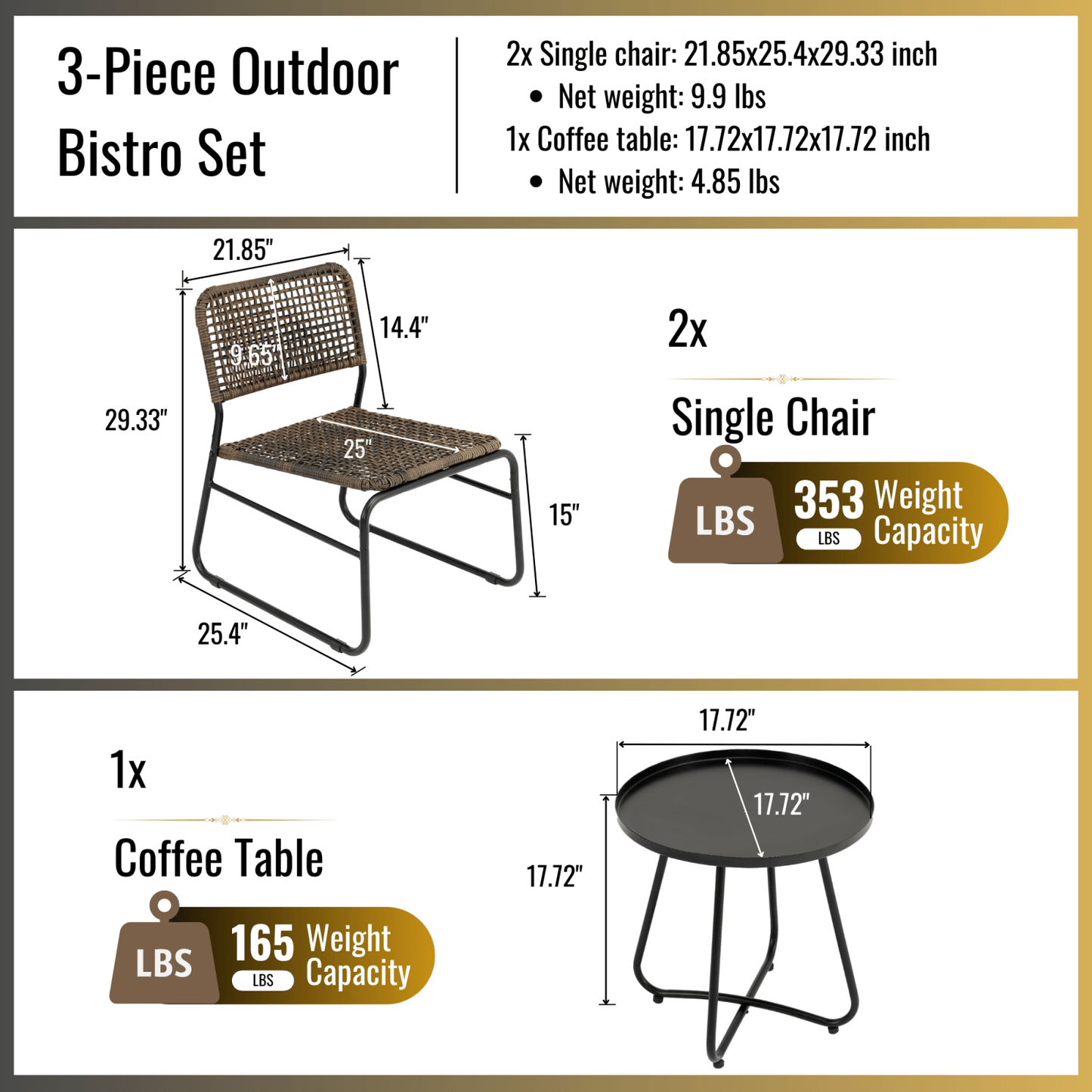 3 Piece Patio Furniture Set, Small Outdoor Wicker Rattan Chairs With Round Table For Balcony, Porch, Garden, Backyard, Lawn