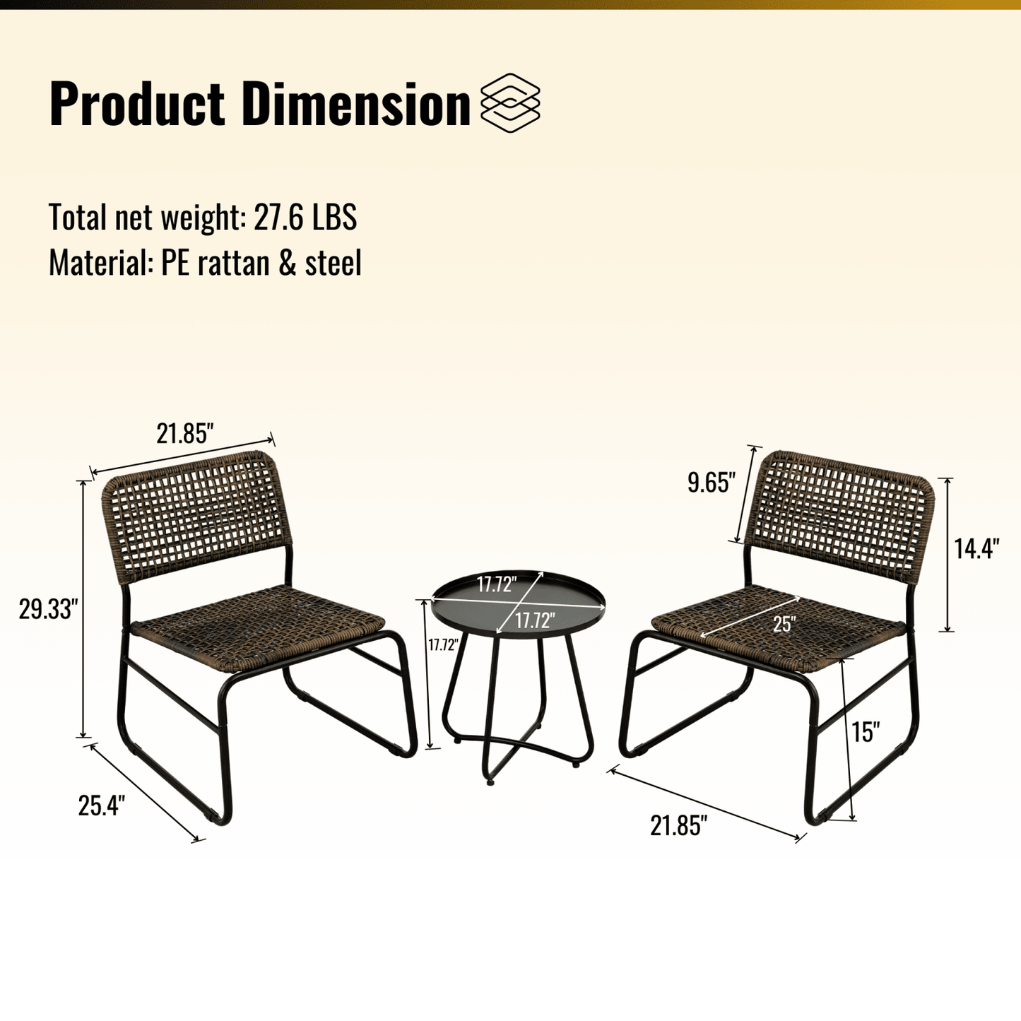 3 Piece Patio Furniture Set, Small Outdoor Wicker Rattan Chairs With Round Table For Balcony, Porch, Garden, Backyard, Lawn