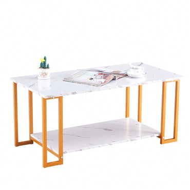 Elegant Marble Top Rectangle Coffee Table with Gold Metal Legs for Living Room and Office