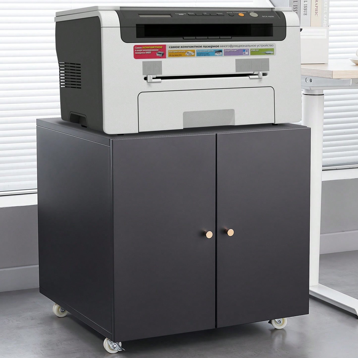 Black 2 Door Steel Copier Stand Mobile Pedestal File Printer Stand