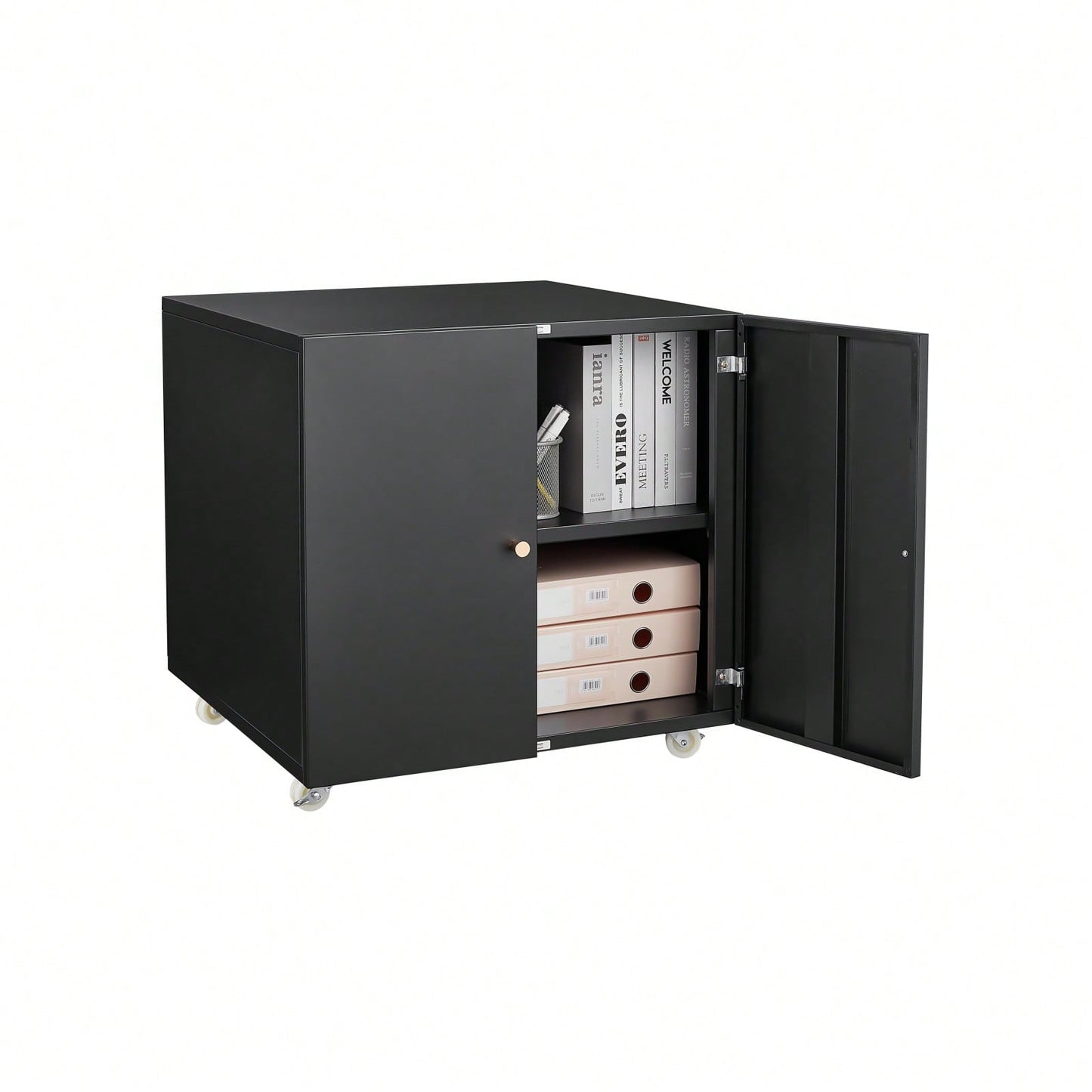 Black 2 Door Steel Copier Stand Mobile Pedestal File Printer Stand