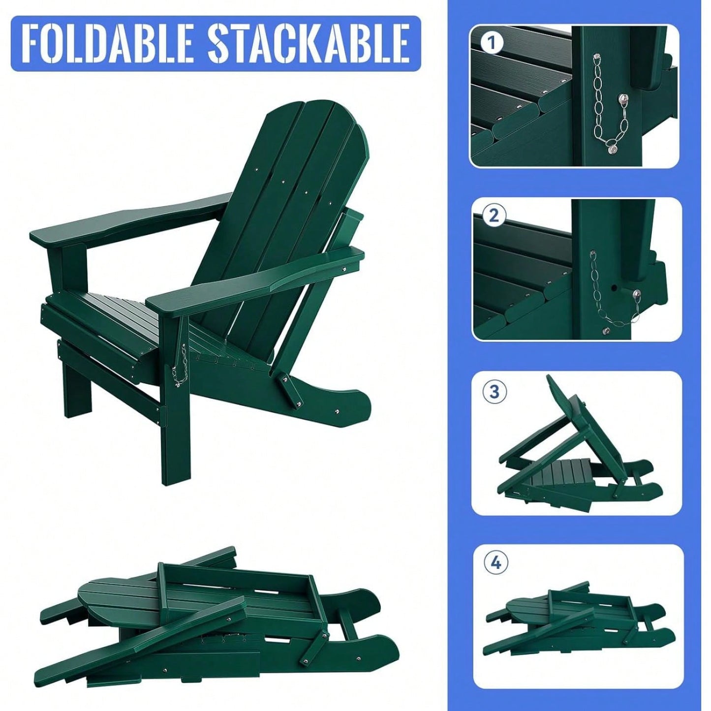 Folding Adirondack Chair, Stackable Arm Rest Ergonomic HDPE All-Weather Adirondack Chair