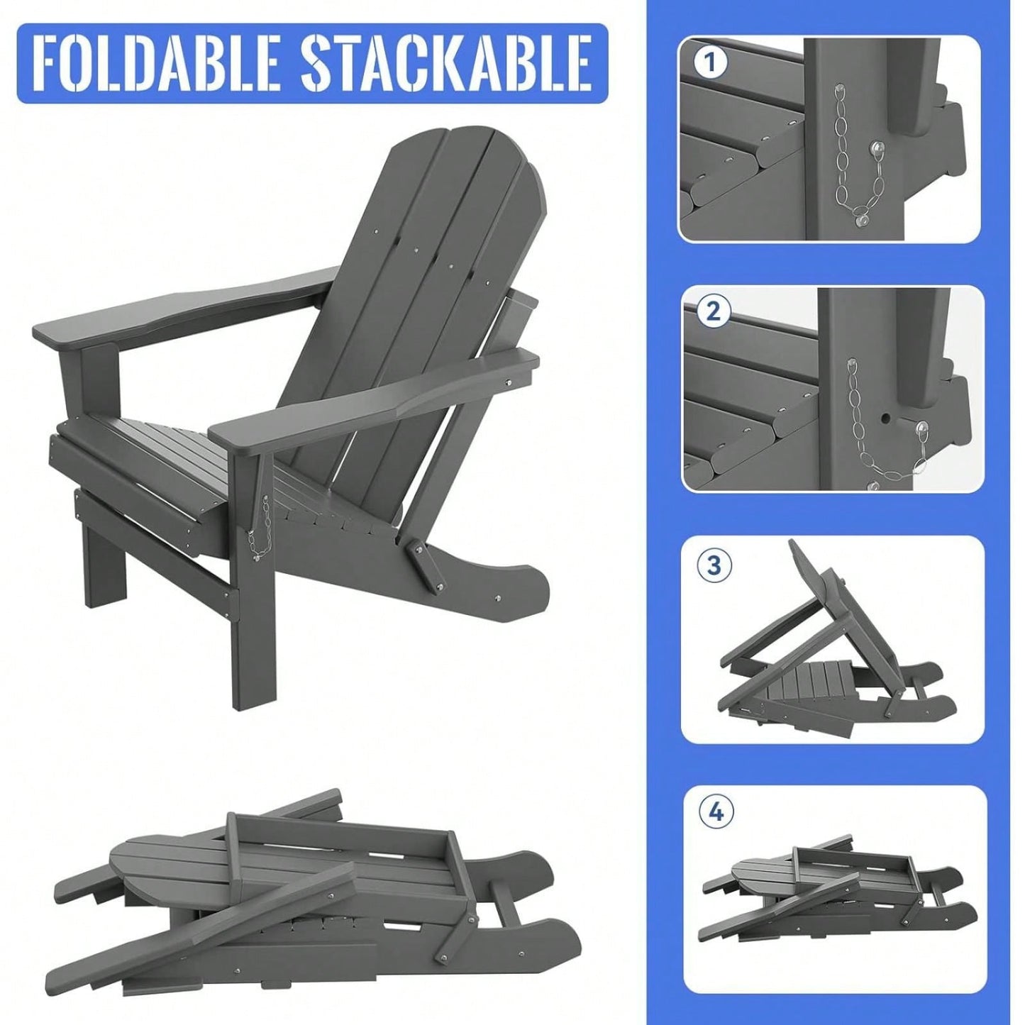 Folding Adirondack Chair, Stackable Arm Rest Ergonomic HDPE All-Weather Adirondack Chair